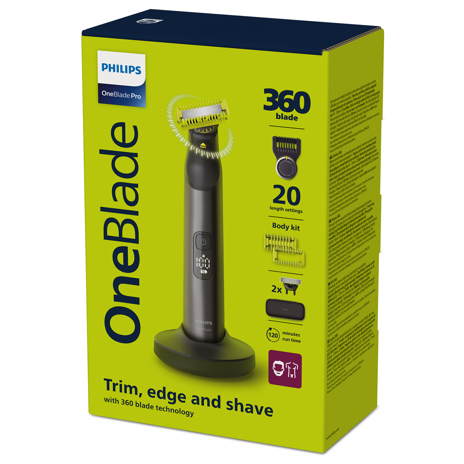 Caja para Philips OneBlade Pro. Muestra la afeitadora, las cuchillas, ajustes de longitud y accesorios.