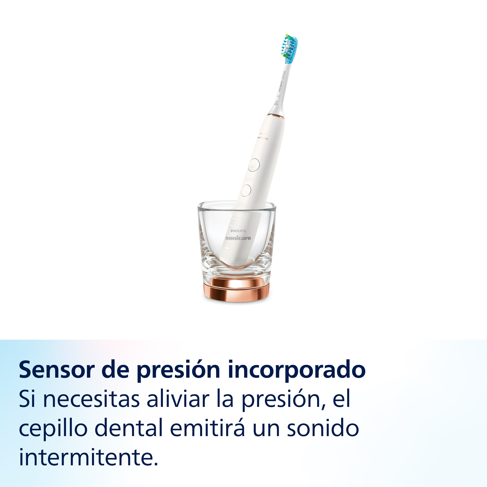 Cepillo dental eléctrico en vaso, con texto sobre sensor de presión.