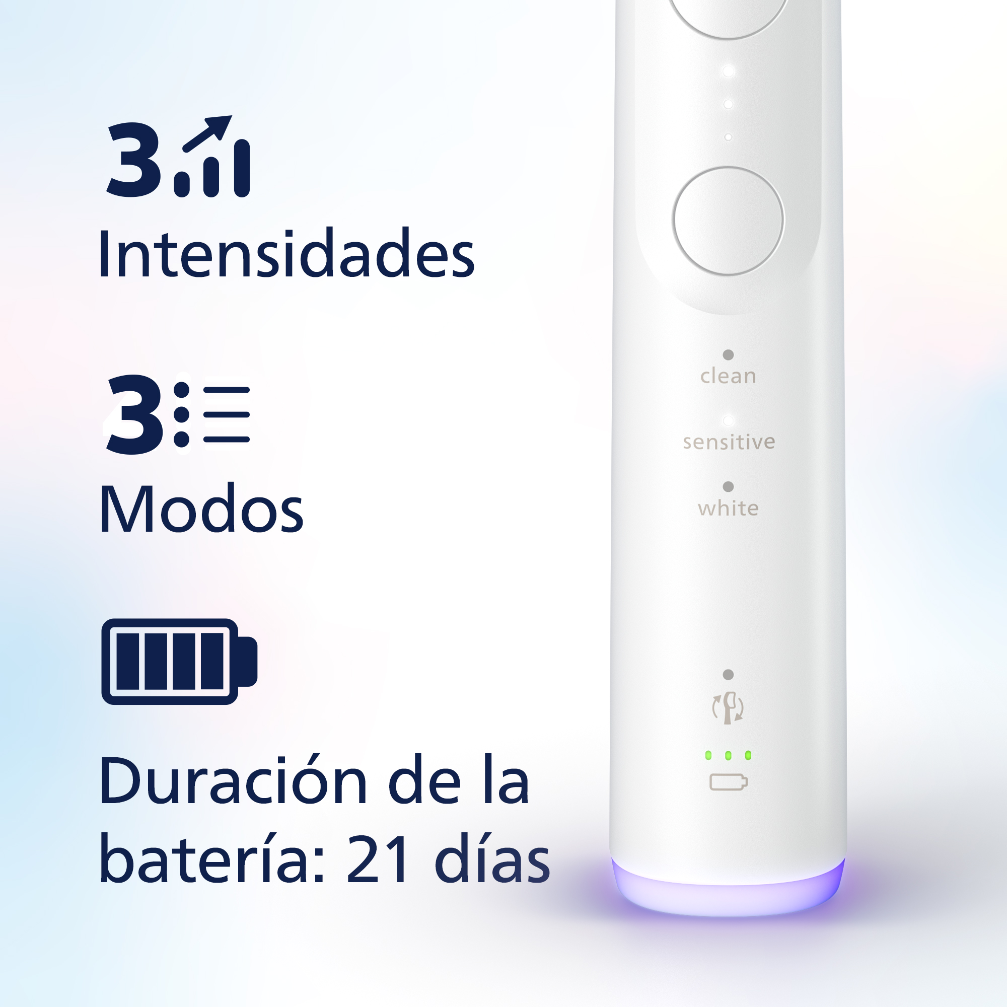 Cepillo dental blanco con texto e iconos en fondo borroso.