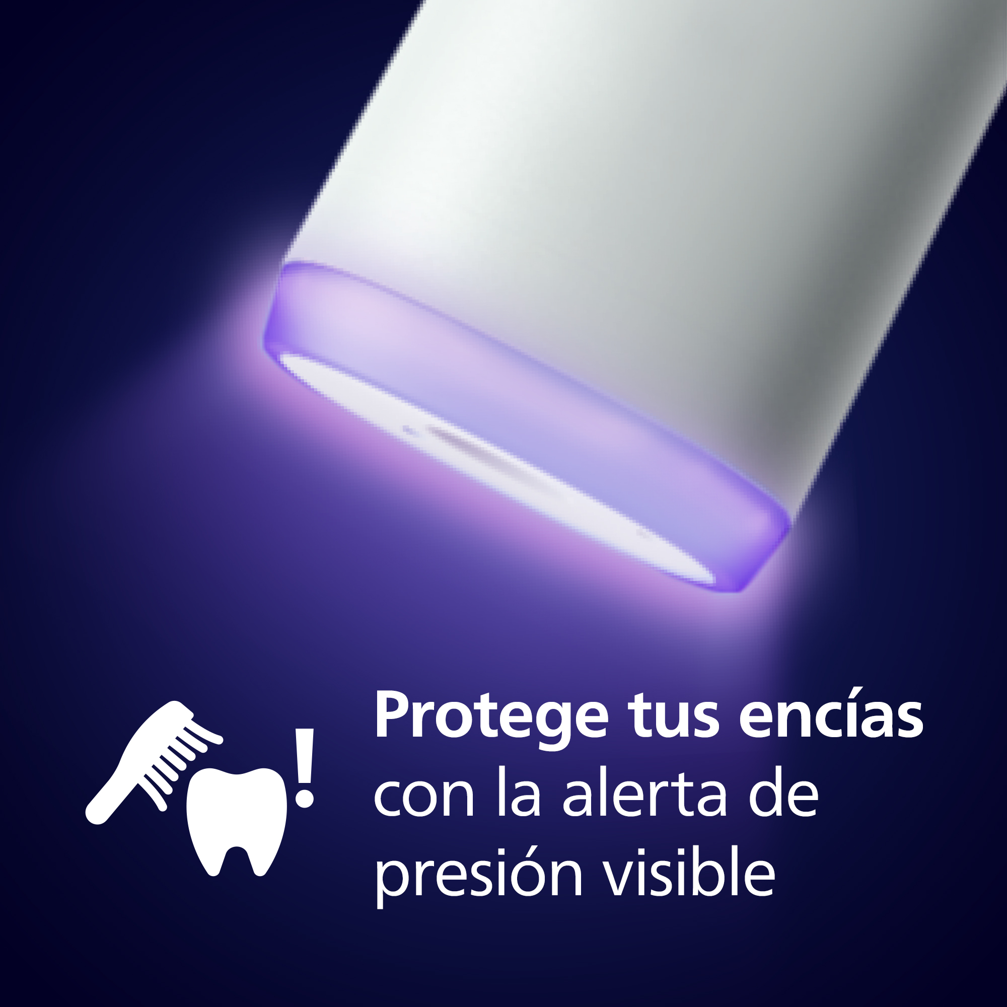 Primer plano de un dispositivo dental que emite luz púrpura, con texto que promueve alertas de presión visible.