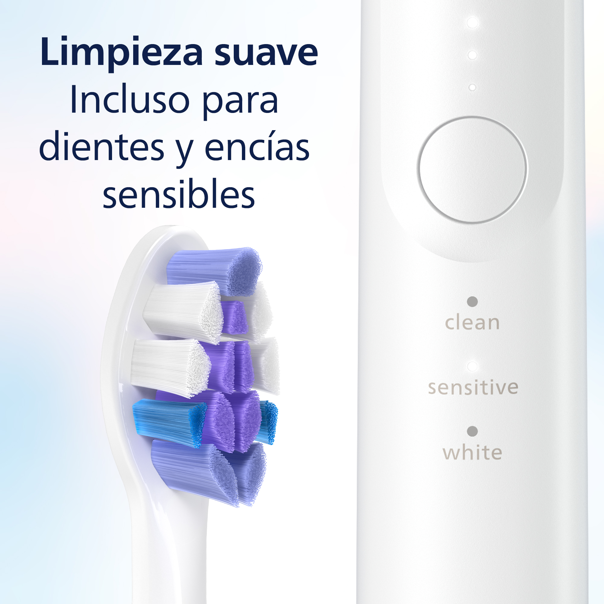 Primer plano del cabezal del cepillo de dientes. Cerdas azules y blancas.