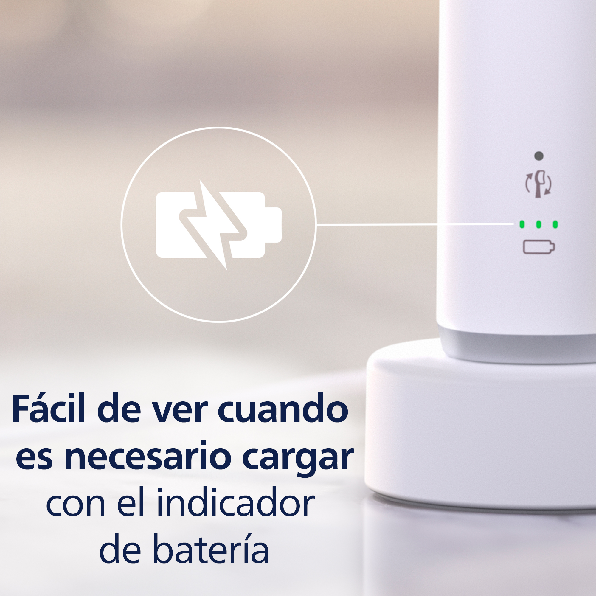 Cepillo de dientes eléctrico en una base de carga con un indicador de batería.