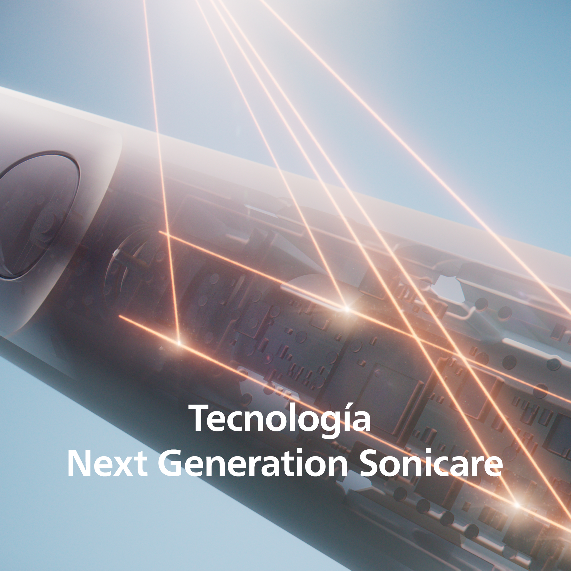 Primer plano de un cepillo de dientes Sonicare con efectos de luz naranja y el texto 'Next Generation Sonicare'.