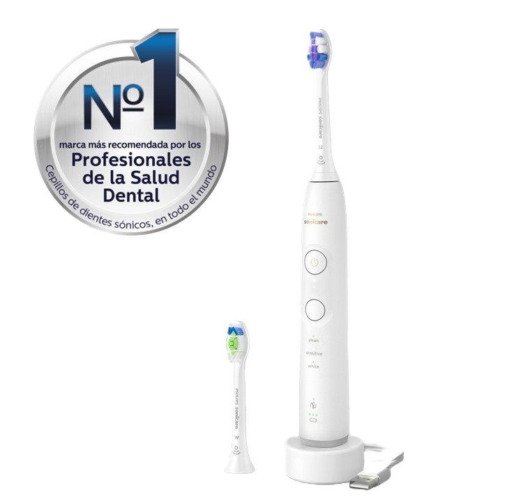 Cepillo de dientes eléctrico con dos cabezales y un soporte de carga. Color blanco. Una insignia dice "No.1".