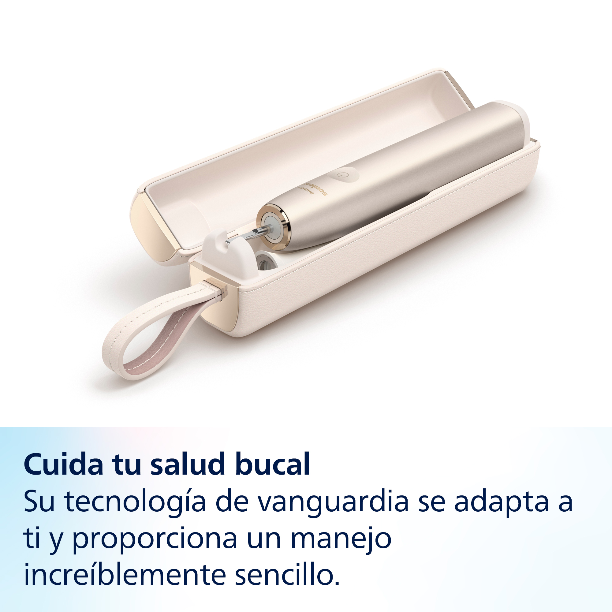 Un cepillo de dientes eléctrico en un estuche con texto debajo.
