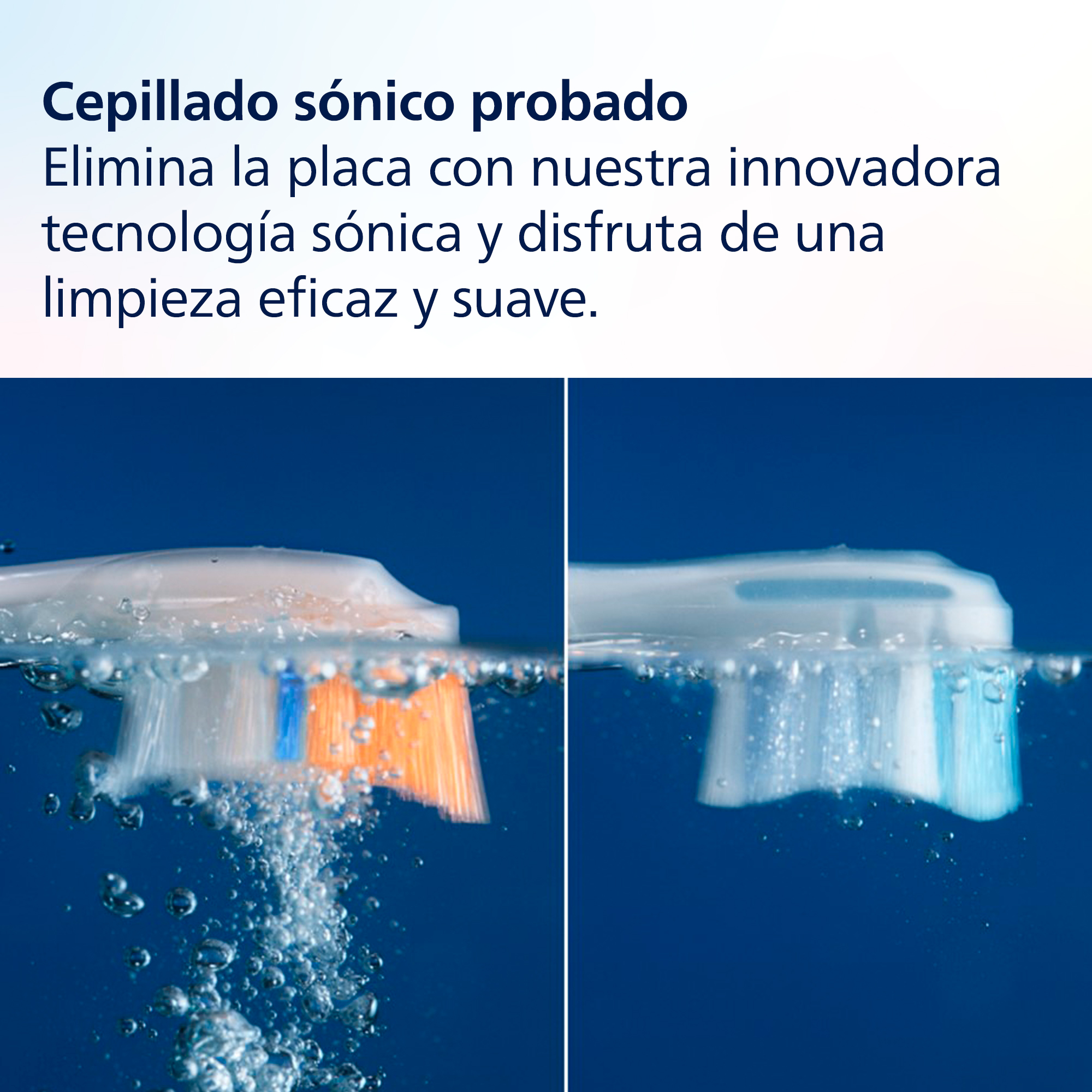 Dos fotos de cerca de un cepillo de dientes en agua, ilustrando la acción de limpieza con burbujas.