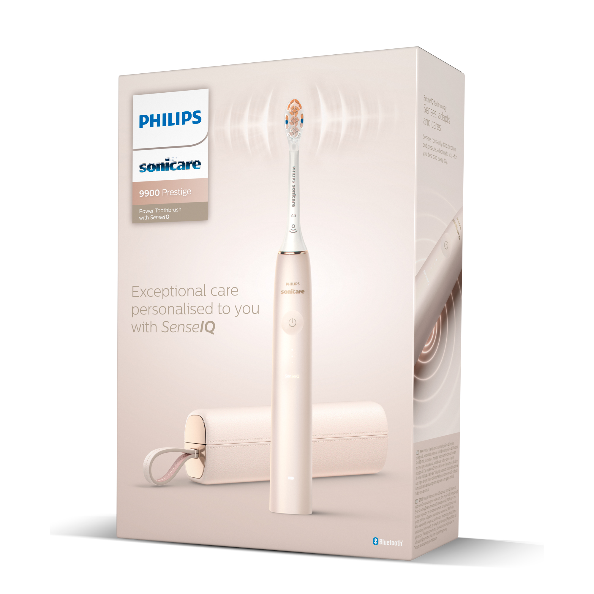 Caja de cepillo de dientes Philips Sonicare. La caja es blanca y rosa, con cepillo y estuche visibles.