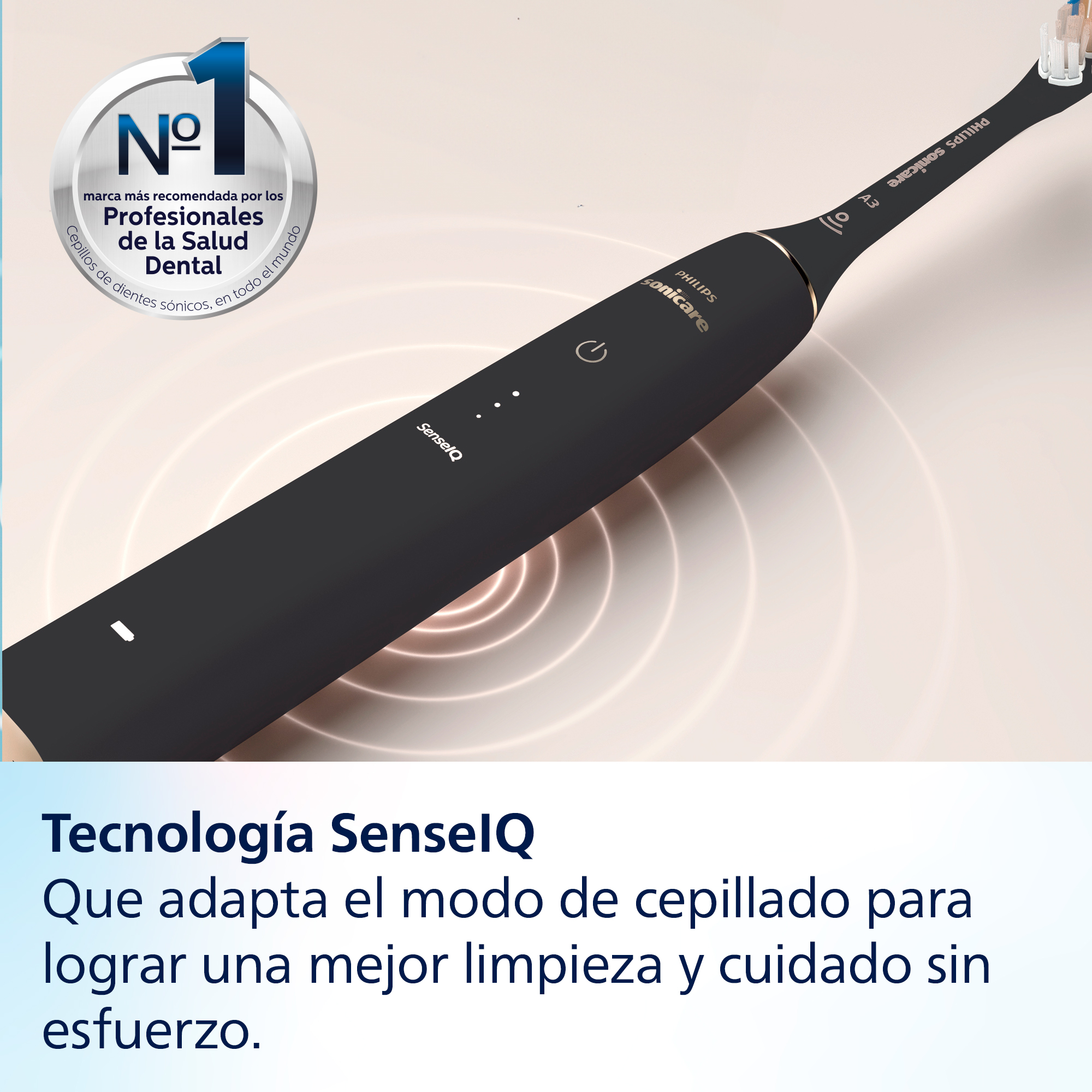 Primer plano de un cepillo de dientes eléctrico negro con un cabezal blanco. Texto en español debajo.