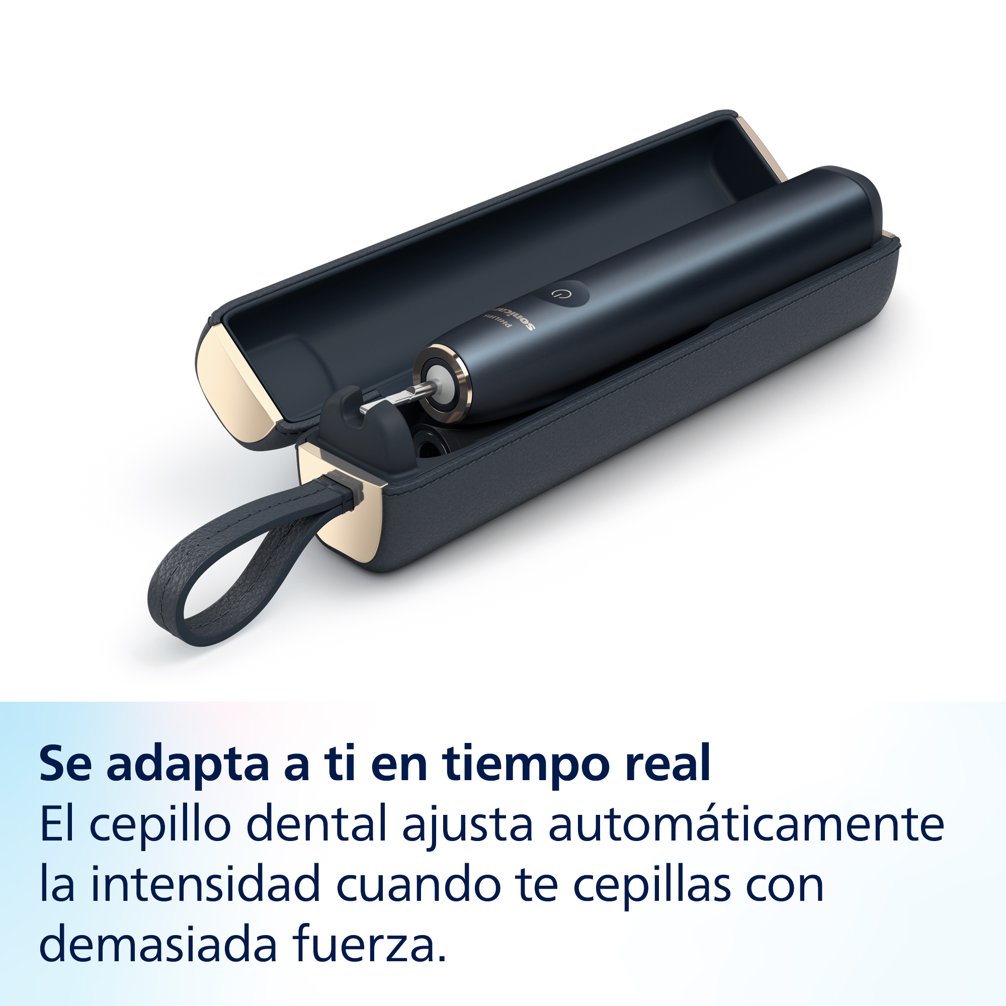 Un cepillo de dientes negro en un estuche negro con detalles dorados sobre una superficie blanca.