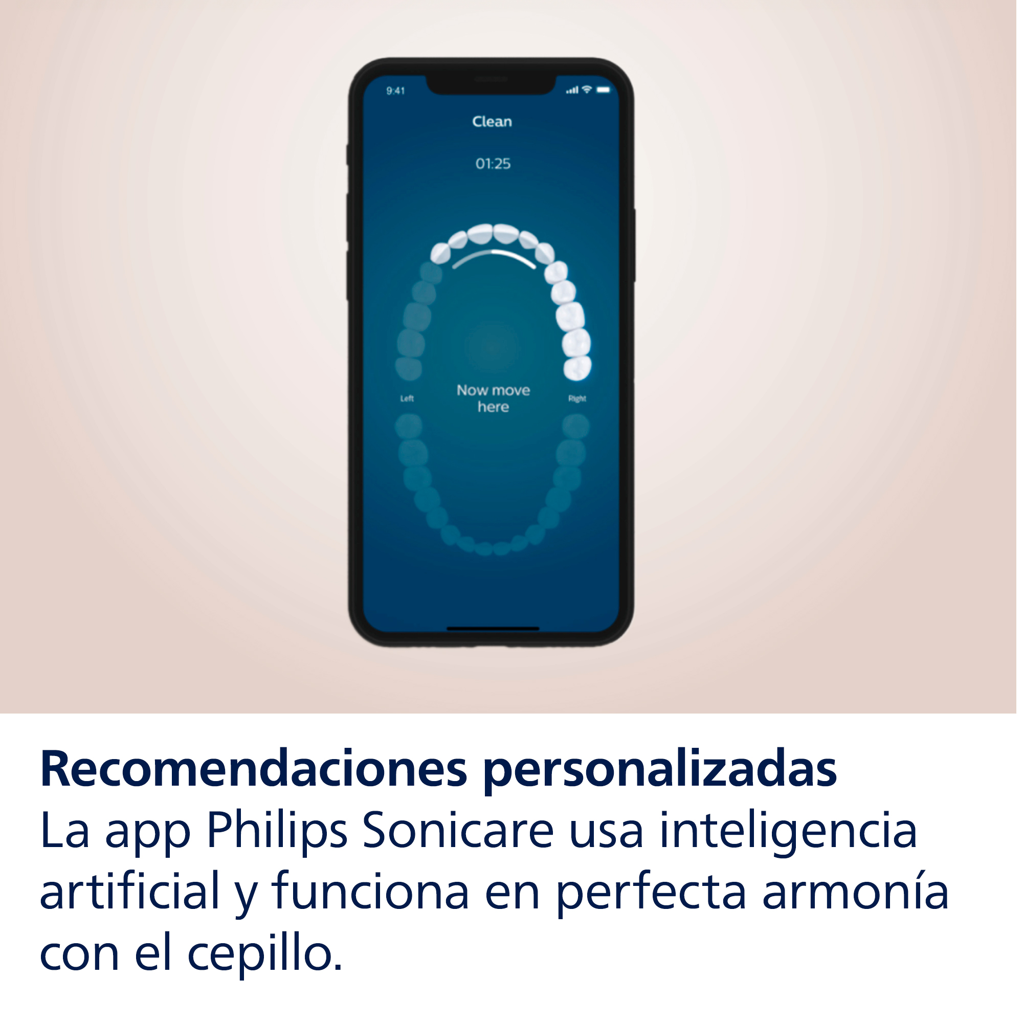 Pantalla de teléfono mostrando guía de limpieza dental. Texto: Recomendaciones personalizadas.
