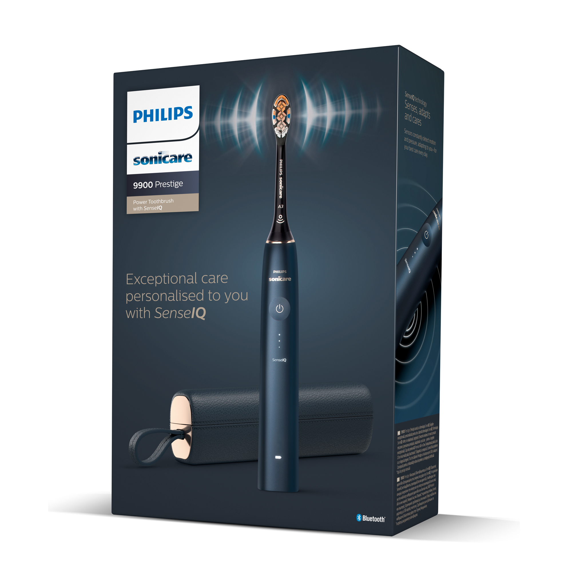 Caja del cepillo de dientes Philips Sonicare 9900 Prestige, con cepillo y estuche de viaje visibles.