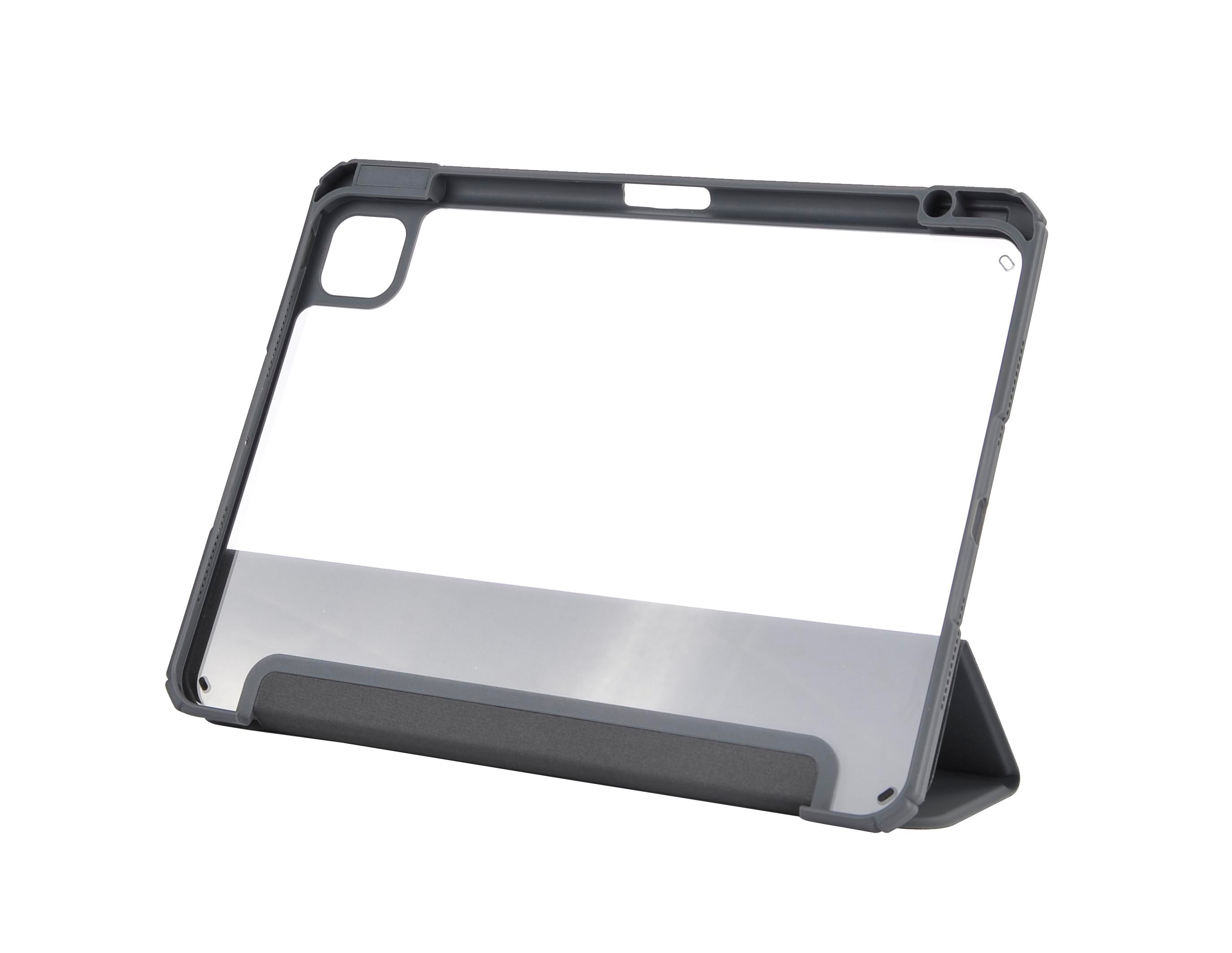 Eine Tablet-Hülle, grau, mit klarer Vorderseite.