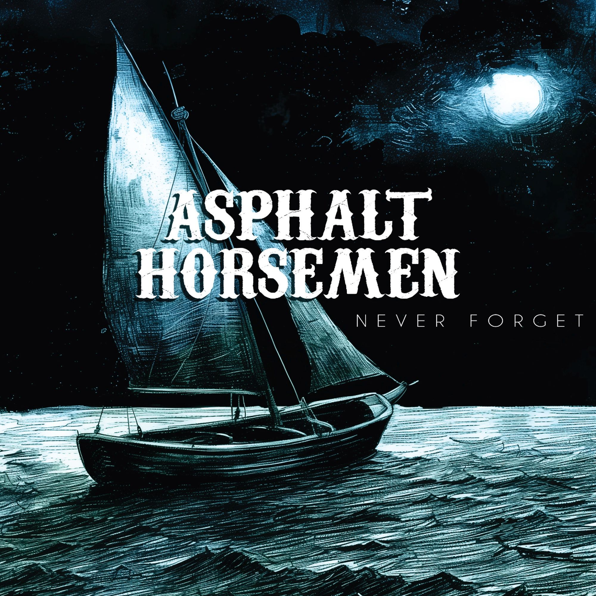 Album borító egy sötét tengeren hajózó hajóval, az Asphalt Horsemen címmel.