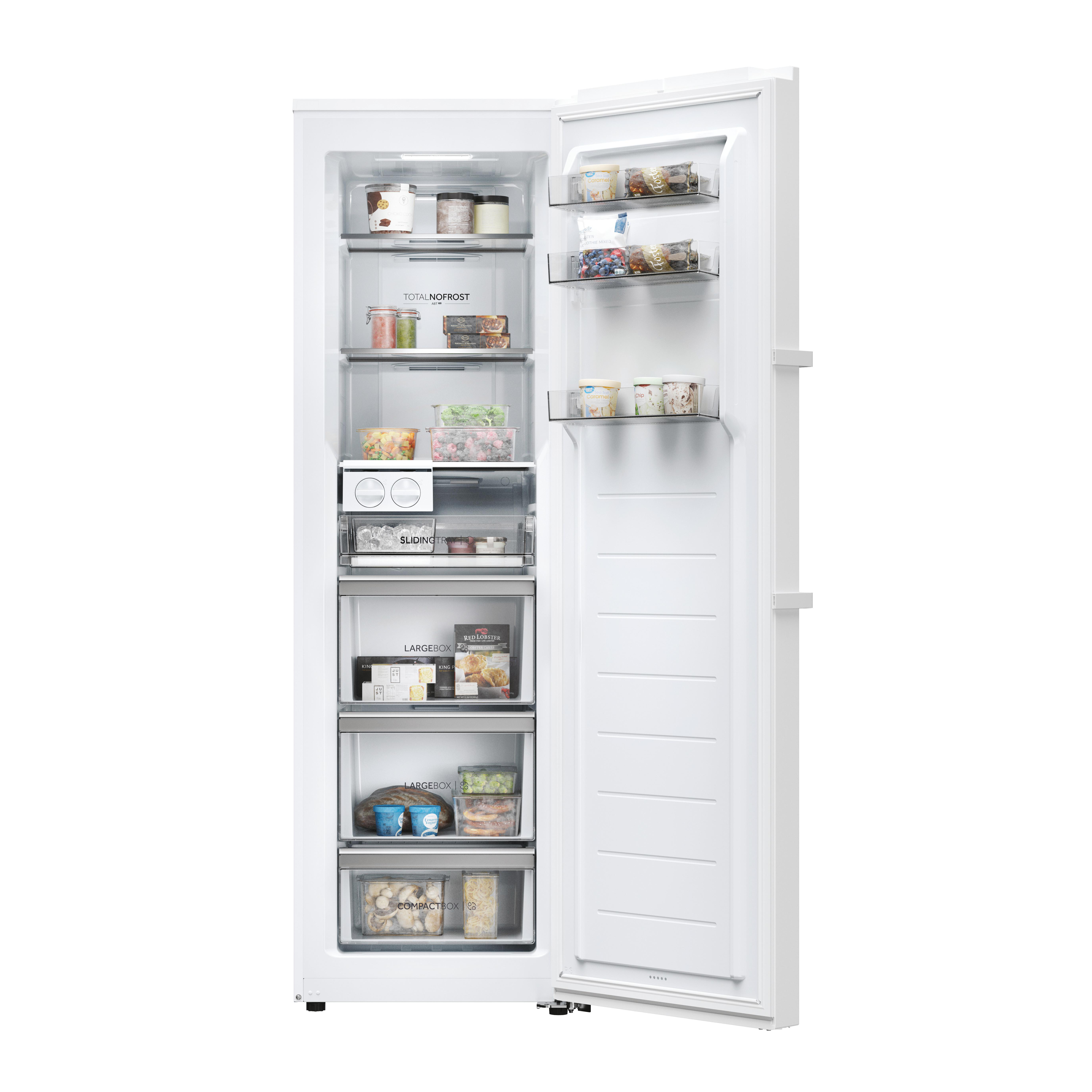 Ein weißer Kühlschrank mit geöffneter Tür, gefüllt mit Lebensmitteln.