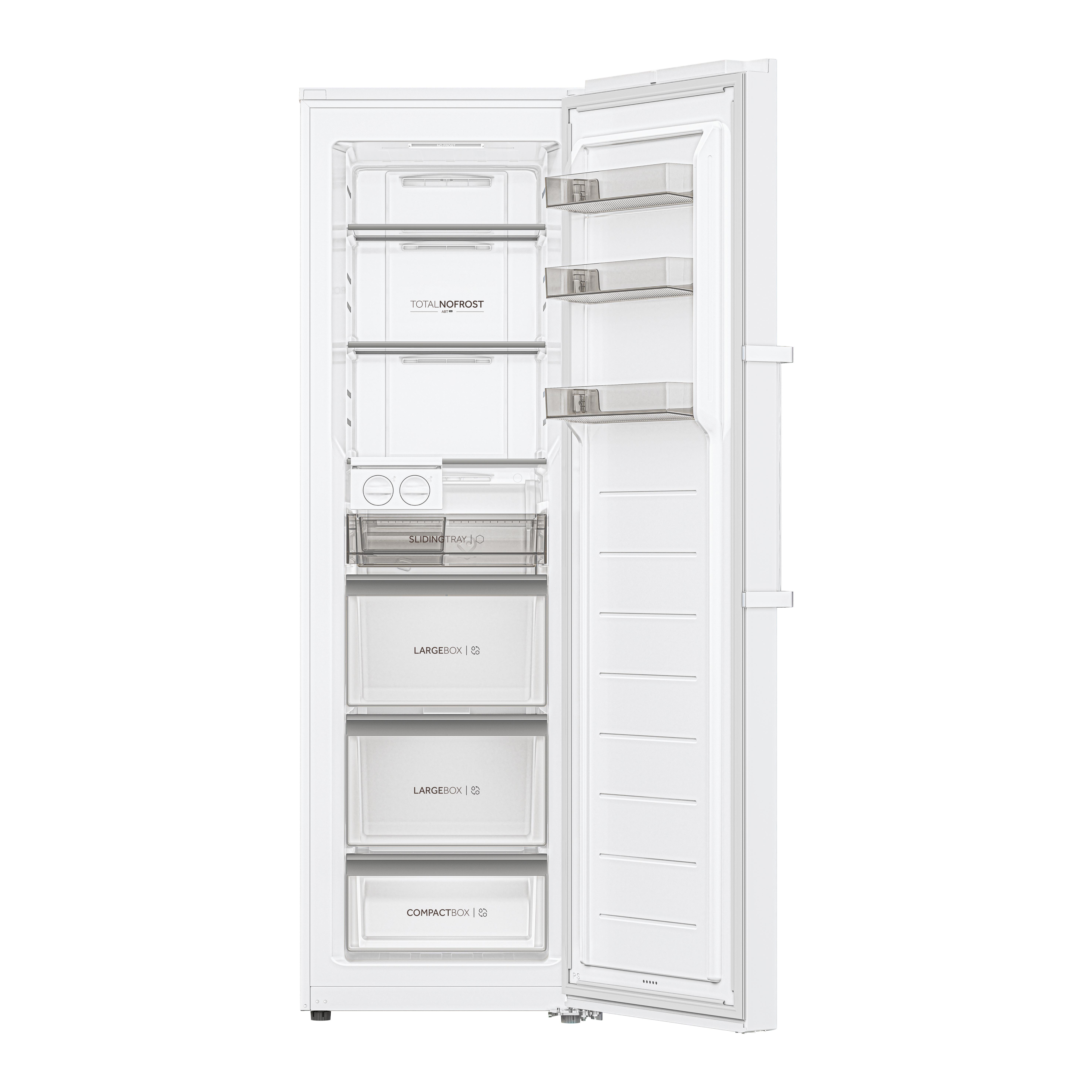 Ein weißer Kühlschrank mit offener Tür, der Regale und Schubladen zeigt. Beschriftet mit 'Total No Frost'.