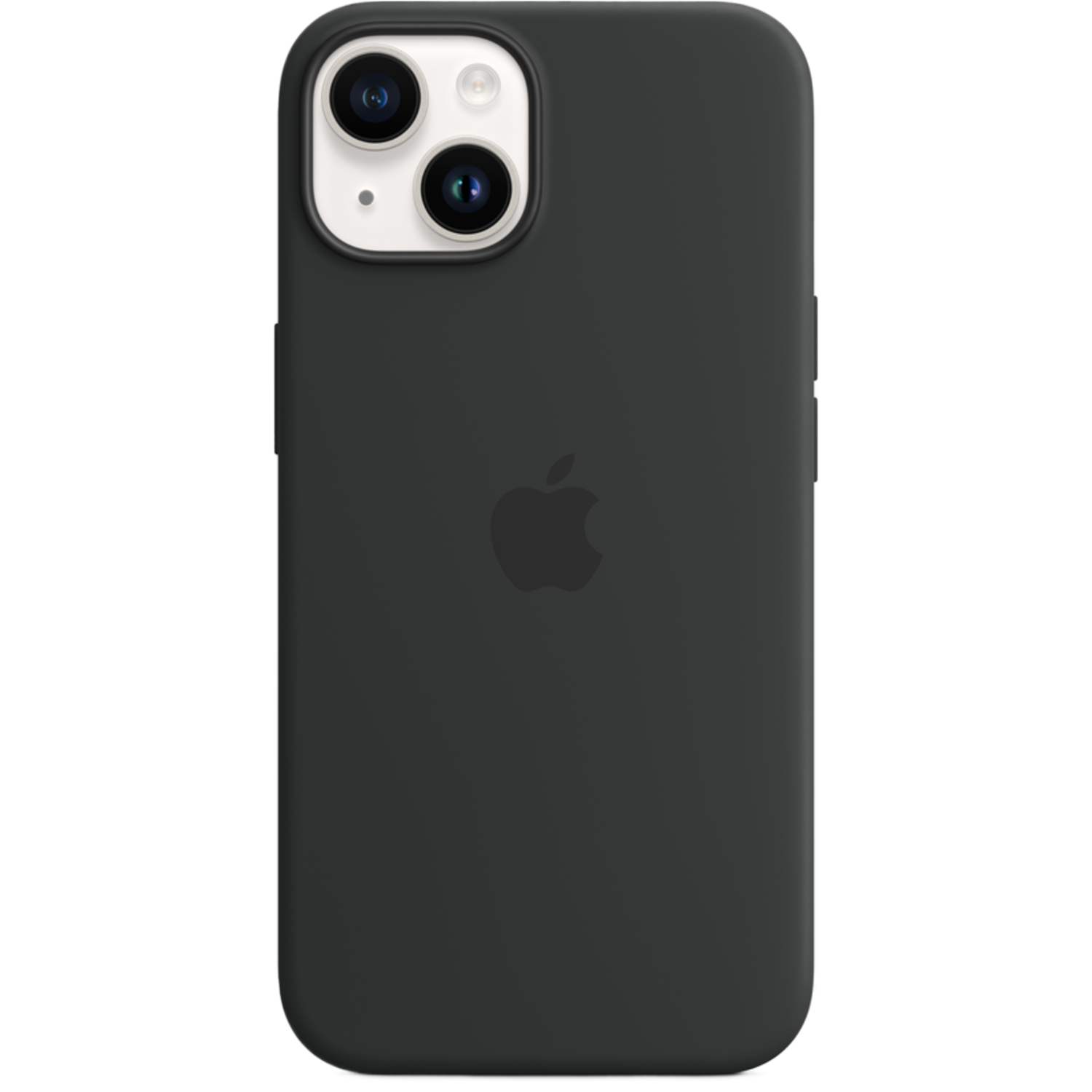 Zwarte iPhone 14-hoes met het Apple-logo, een camera-opstelling en knoppen aan de zijkant.