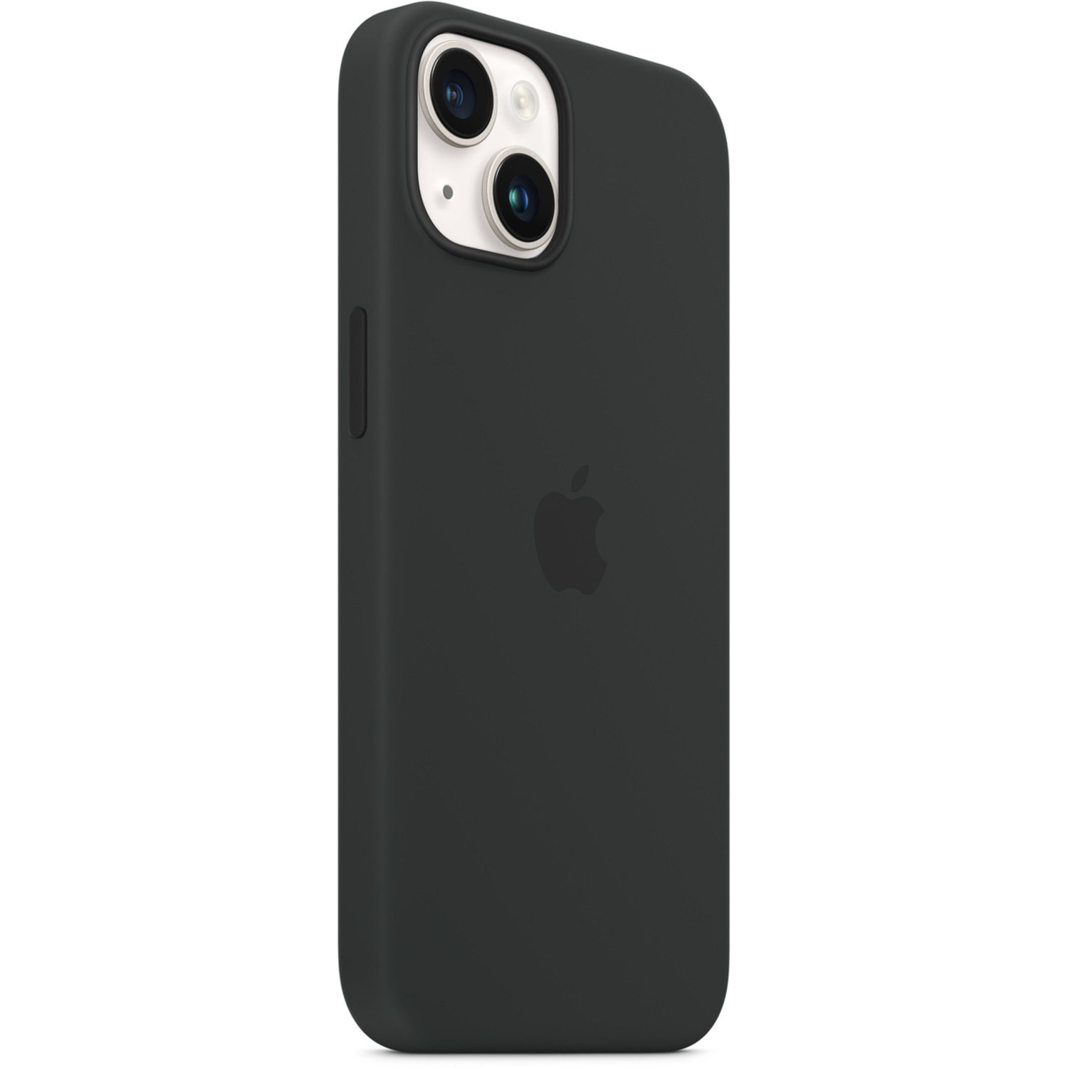 Zwarte iPhone in donkergrijze hoes. Apple logo is zichtbaar.