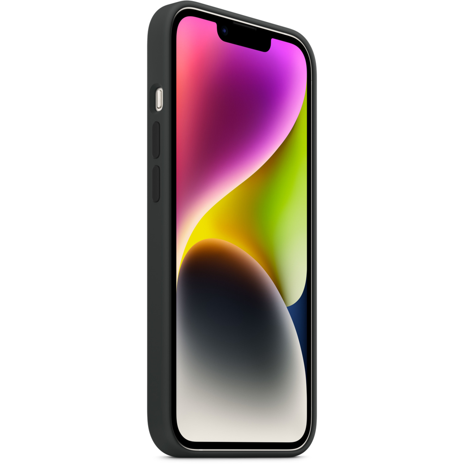 Een zwarte telefoon in een zwarte hoes. Het telefoonscherm is een kleurverloop.