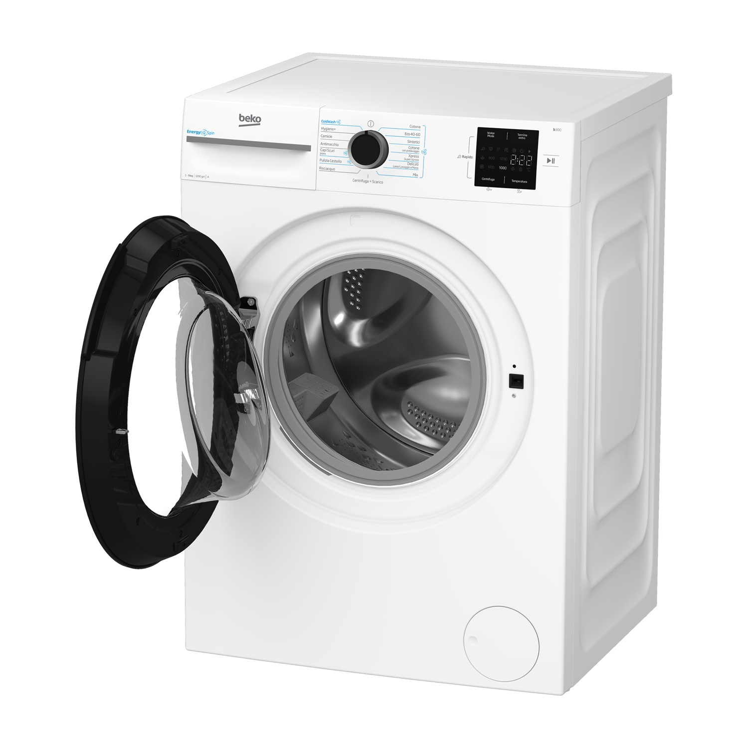 Lavatrice Beko bianca con porta nera aperta. Il pannello di controllo e il display mostrano impostazioni e tempo.