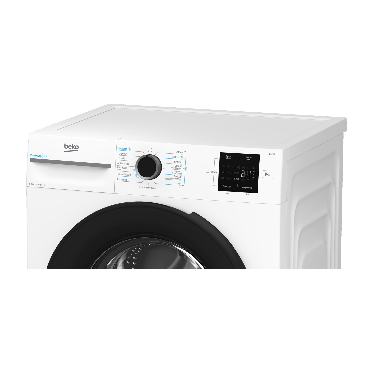 Lavatrice bianca con porta nera e display digitale. Logo Beko visibile.