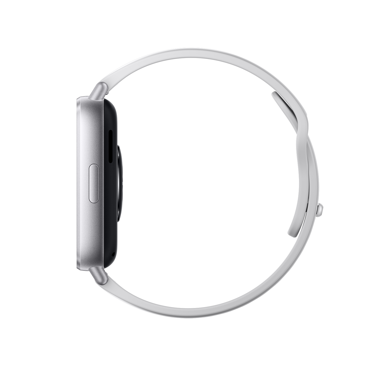 Una vista lateral de un reloj inteligente plateado con correa blanca, sobre un fondo negro.