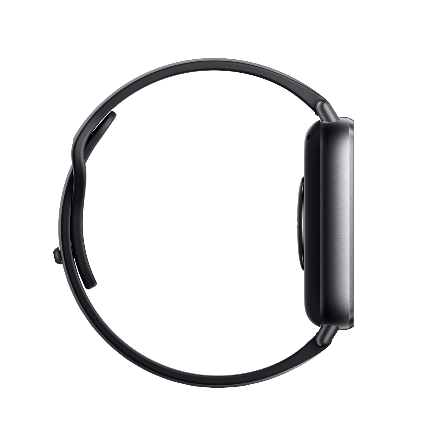 Smartwatch negra con correa negra. El reloj se ve de lado y está sobre un fondo negro.