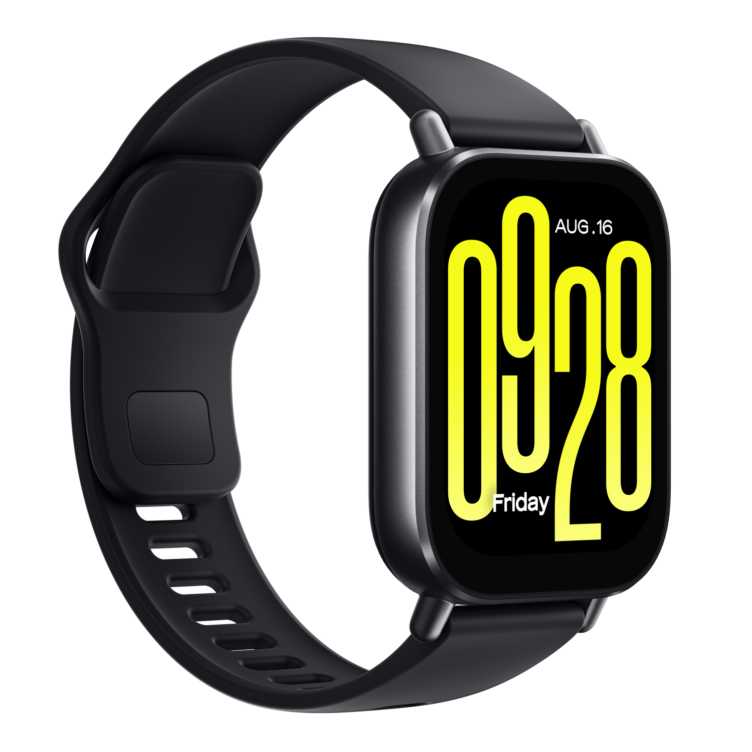 Smartwatch negra mostrando hora y fecha, correa negra, aislado.