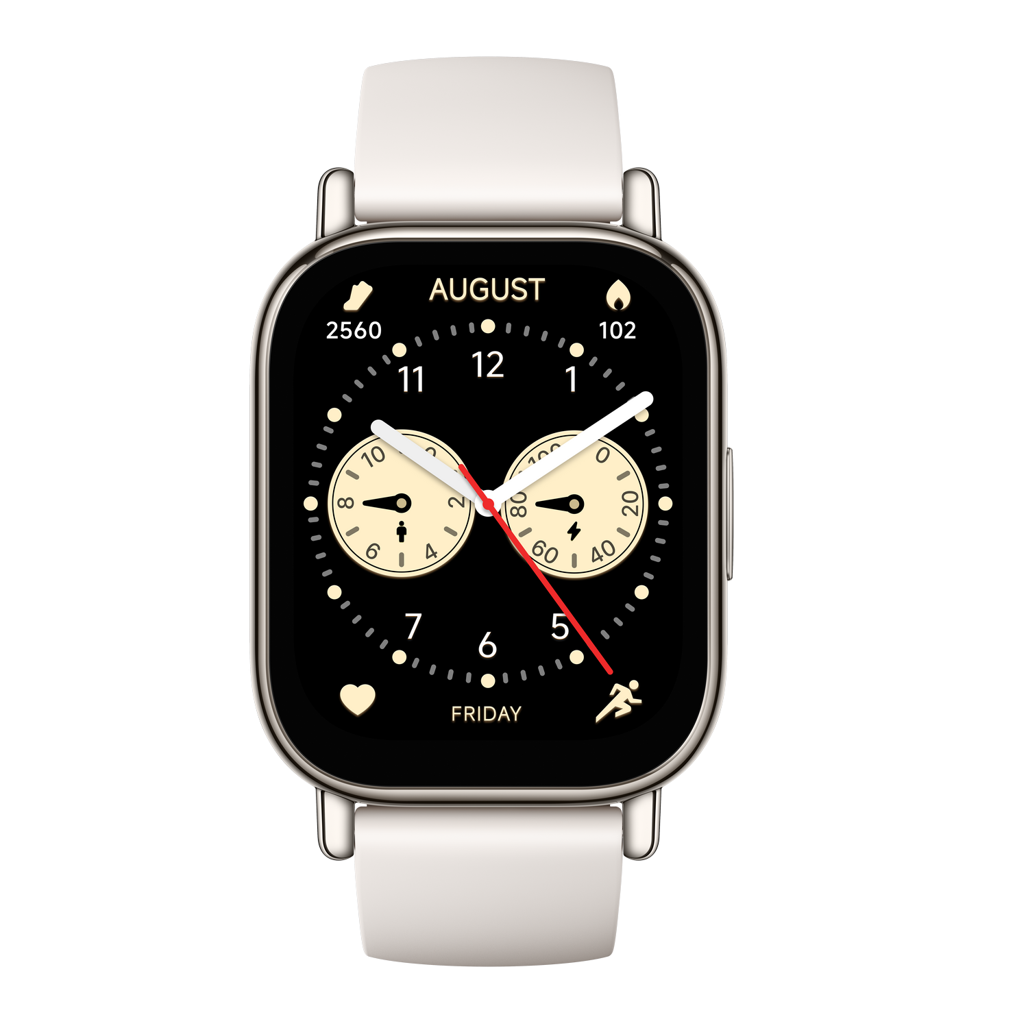 Un reloj inteligente plateado con una correa blanca, que muestra la hora y las métricas de salud en la pantalla.