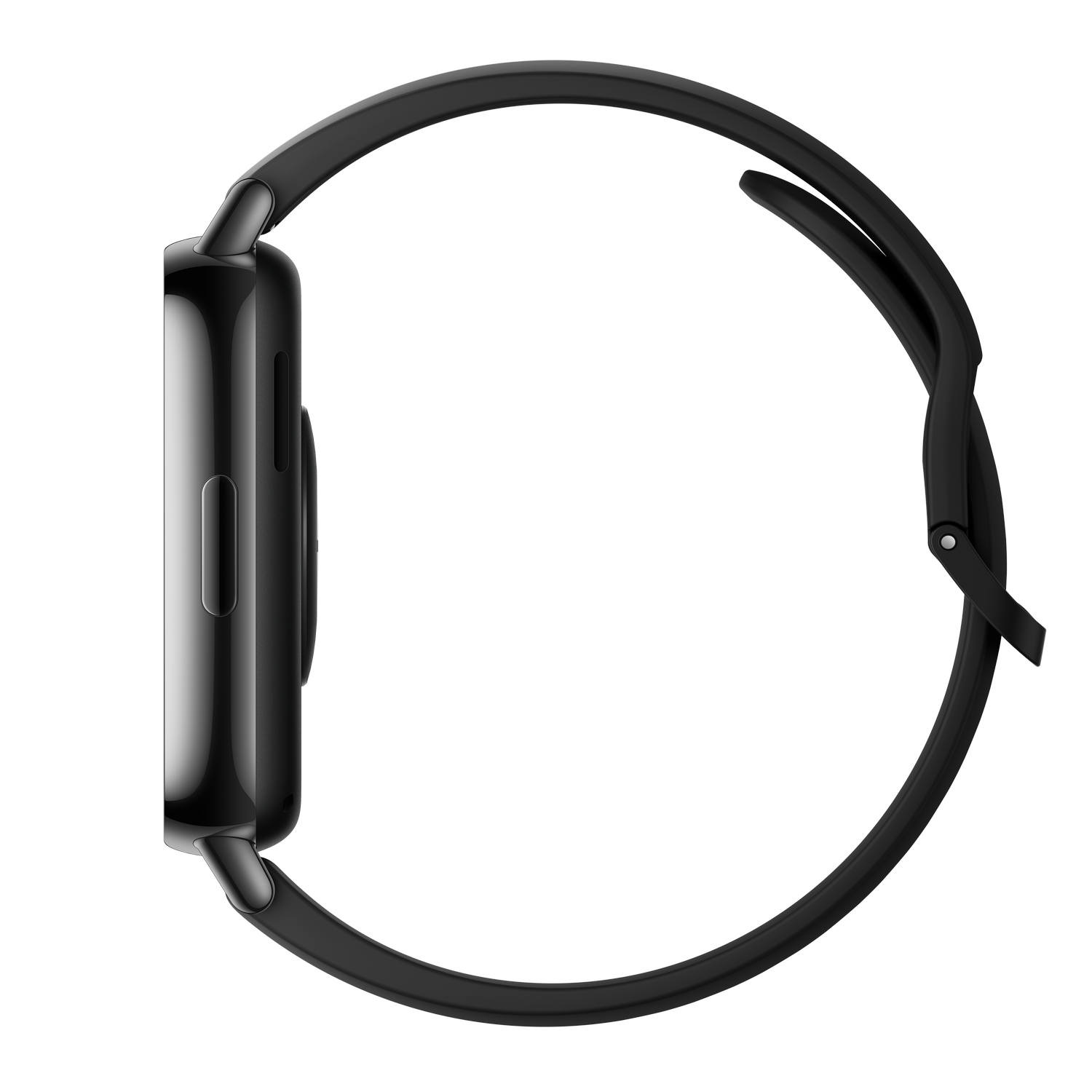 Vista lateral de un reloj inteligente negro con correa negra, mostrando su diseño moderno.