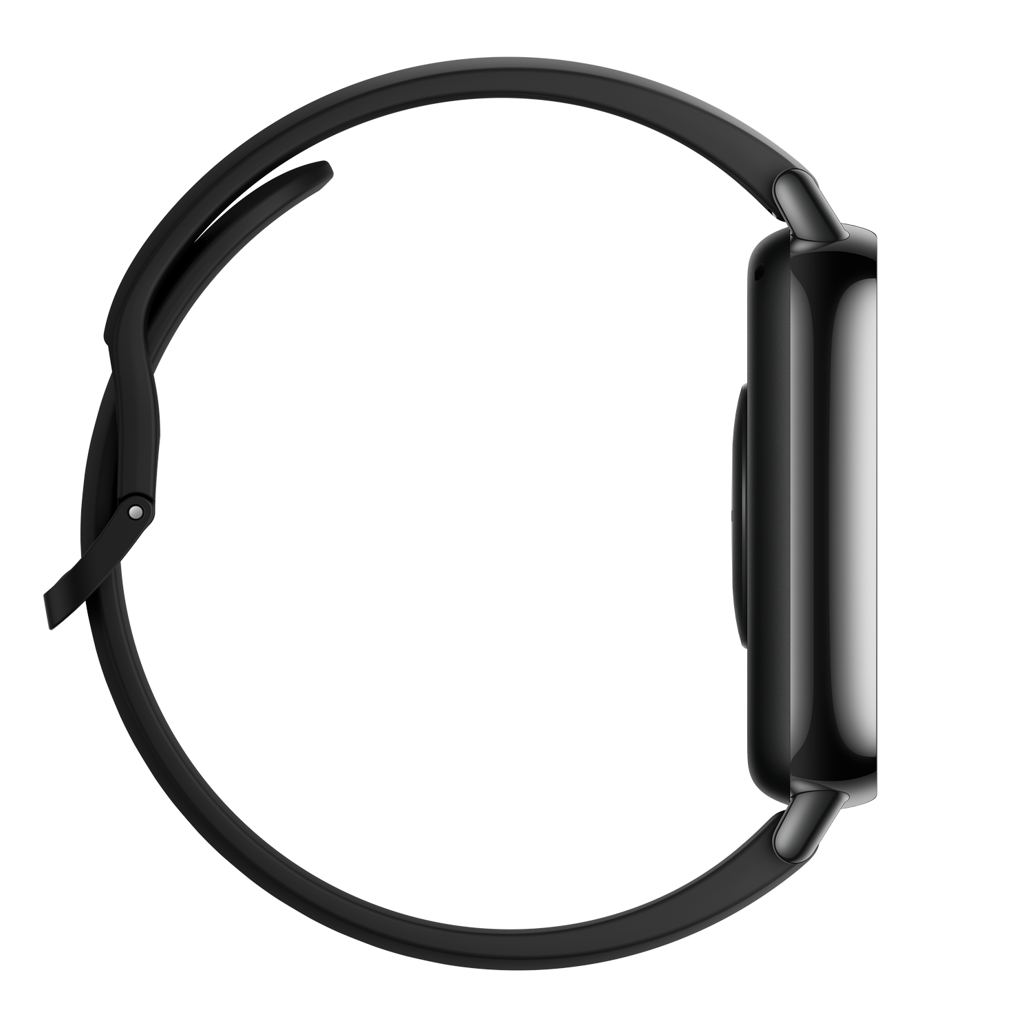 Reloj inteligente negro, vista lateral, correa negra, sobre fondo negro.