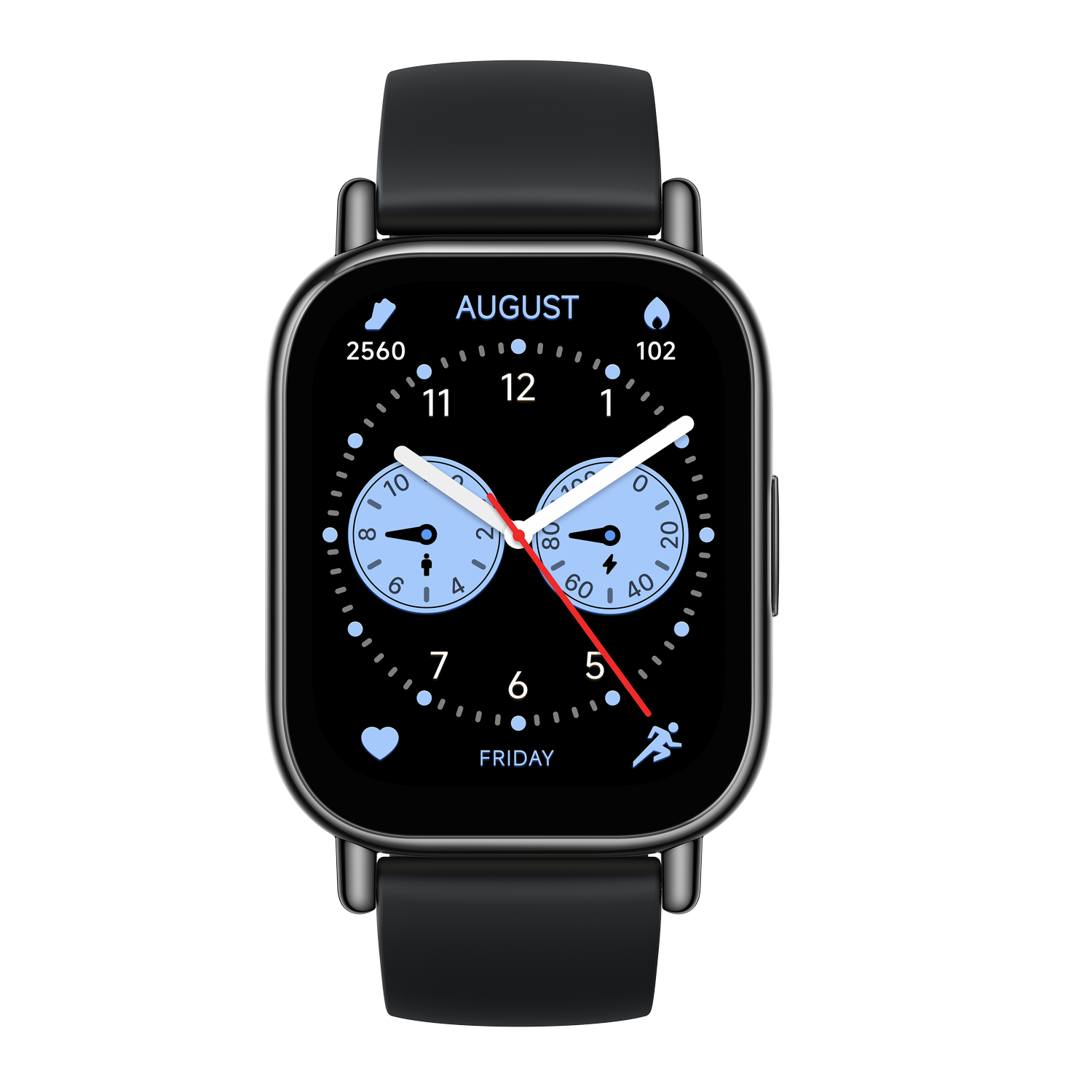 Reloj inteligente negro con pantalla digital que muestra hora, fecha y métricas de seguimiento de actividad.