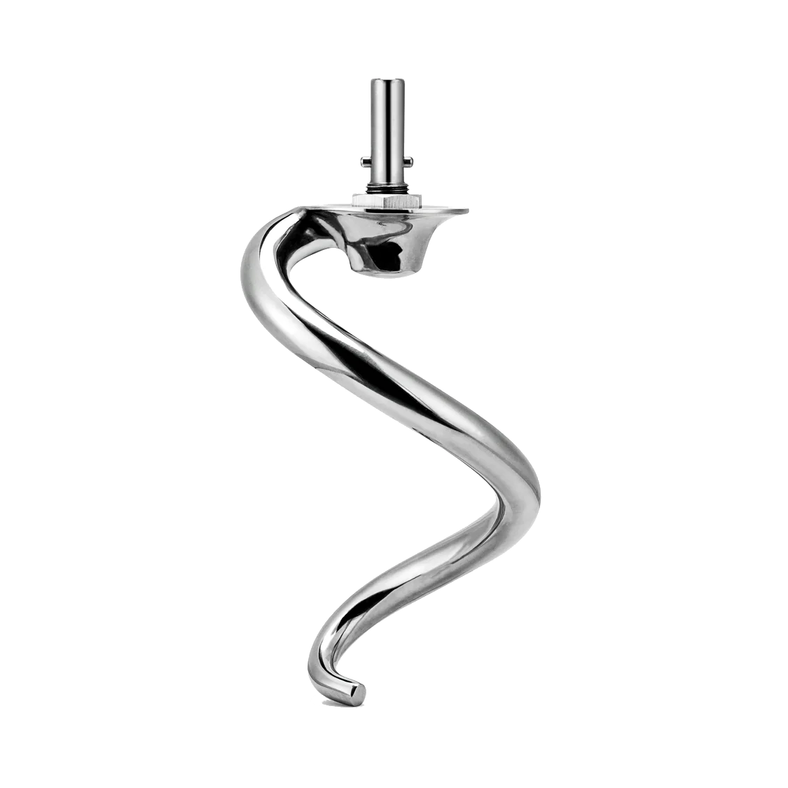 Ein Teighaken aus Edelstahl für einen Küchenmixer. Gebogen und glänzend.
