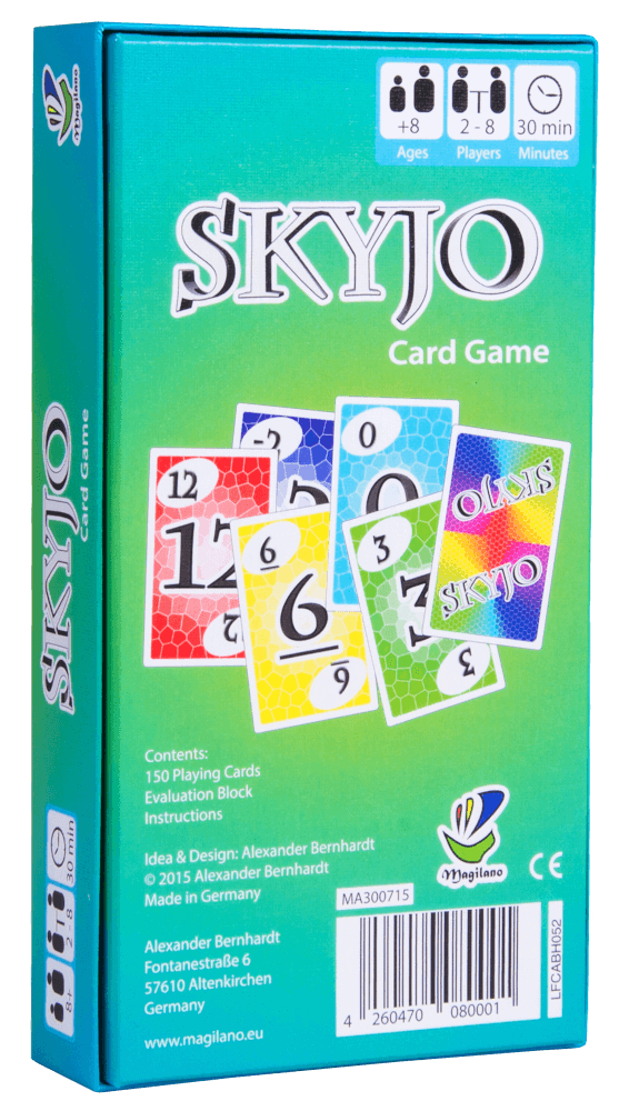 Schachtel des Kartenspiels, Skyjo. Grün und blaugrün.