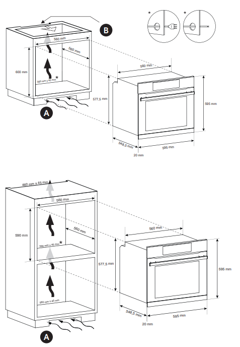 Beépített sütő és a kapcsolódó szekrény méreteinek diagramja. Nyilak jelzik a légáramlást és a méreteket milliméterben.