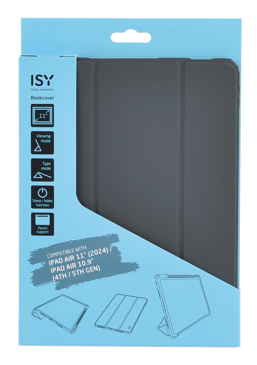 Blau-weiße iPad Air-Hülle-Verpackung mit schwarzem Cover. Enthält Produktmerkmale und Kompatibilitätsinfo.