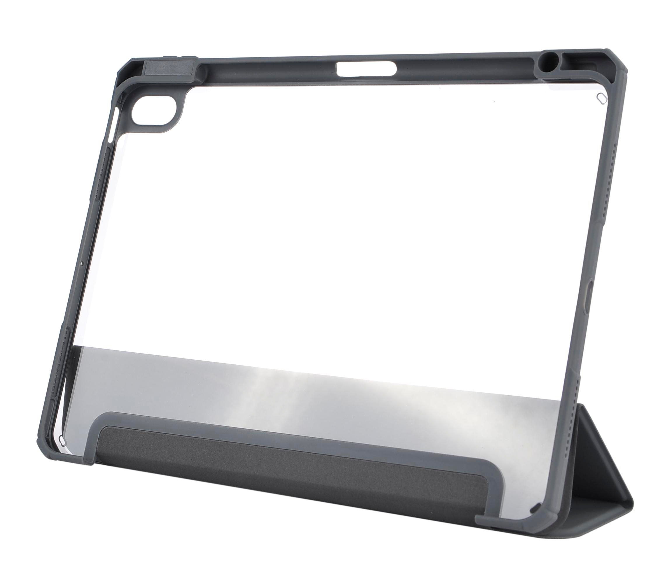 Eine transparente Tablethülle mit dunkelgrauem Rahmen, in einem Winkel aufgestellt.