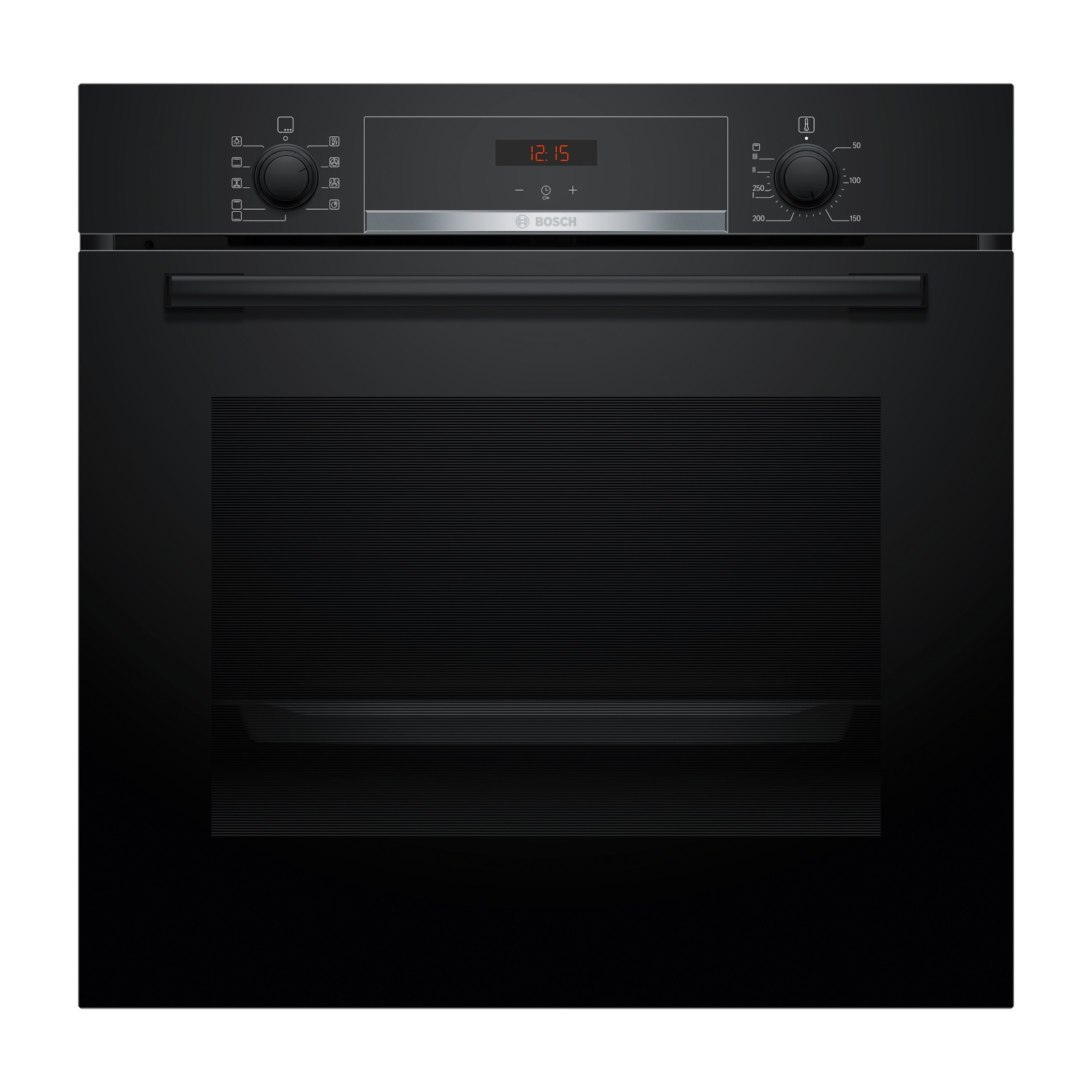 Forno nero ad incasso con display digitale che mostra l'ora. Logo Bosch visibile.