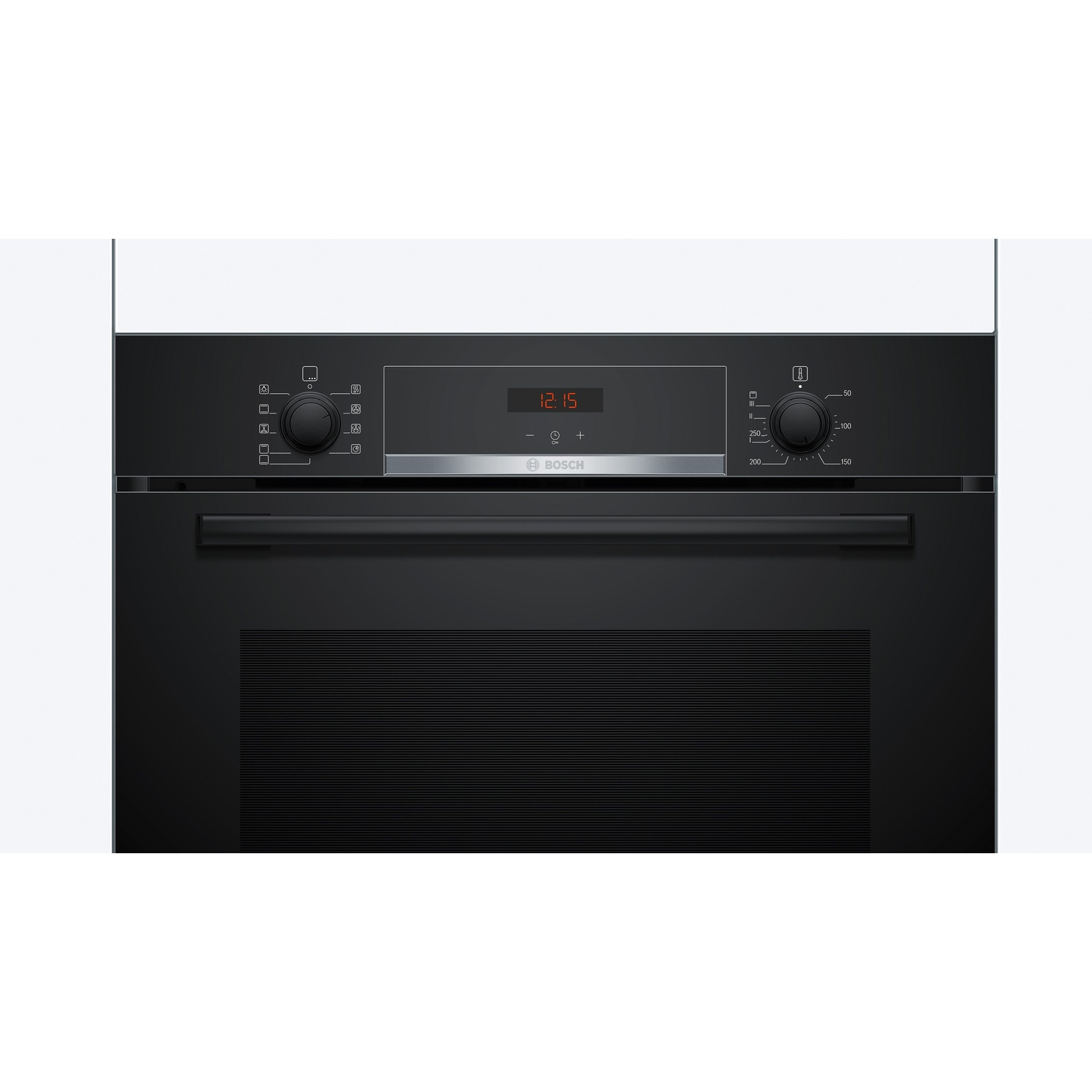 Un forno Bosch nero con manopole di controllo e display digitale, visto frontalmente.