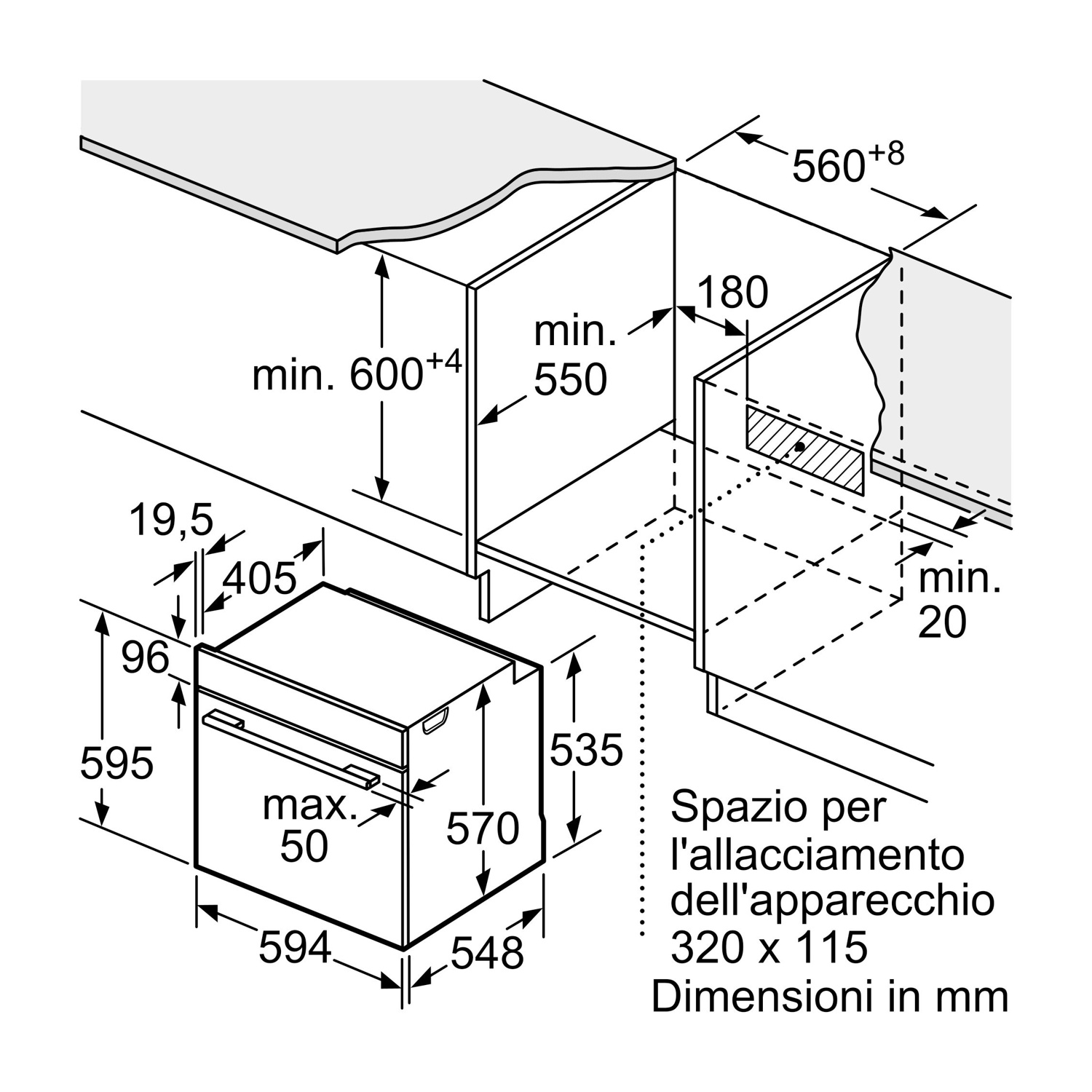 Diagramma di un forno a incasso, comprese le dimensioni e lo spazio necessario per l'installazione.