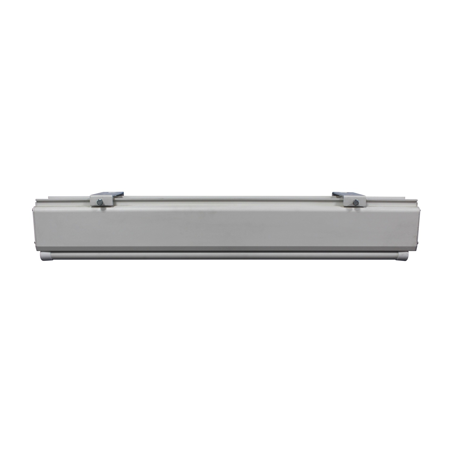 Un oggetto rettangolare lungo e bianco con supporti metallici su sfondo bianco.