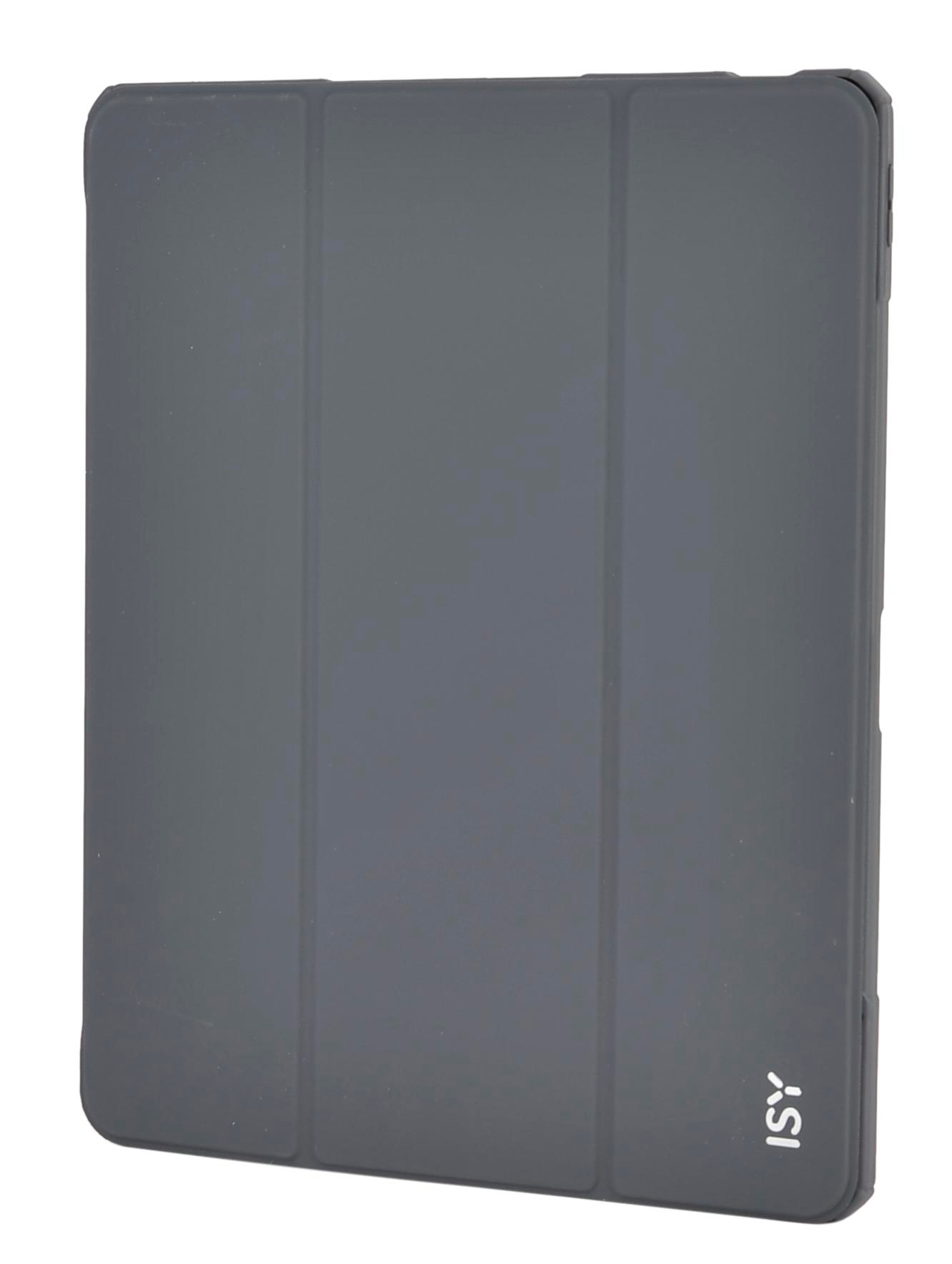 Eine graue Tablet-Hülle, gefaltet, mit dem ISY-Logo unten rechts.