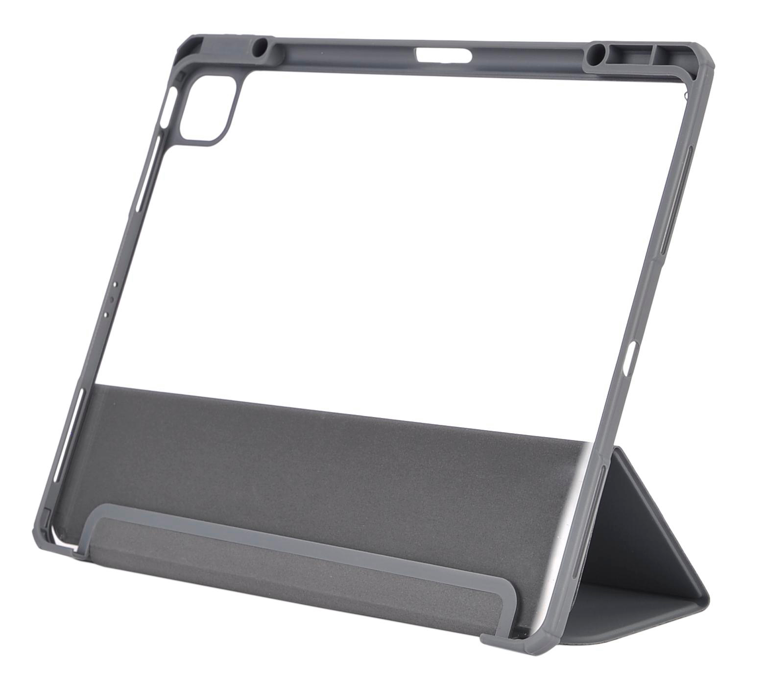 Graue iPad-Hülle mit hochstehender Abdeckung.