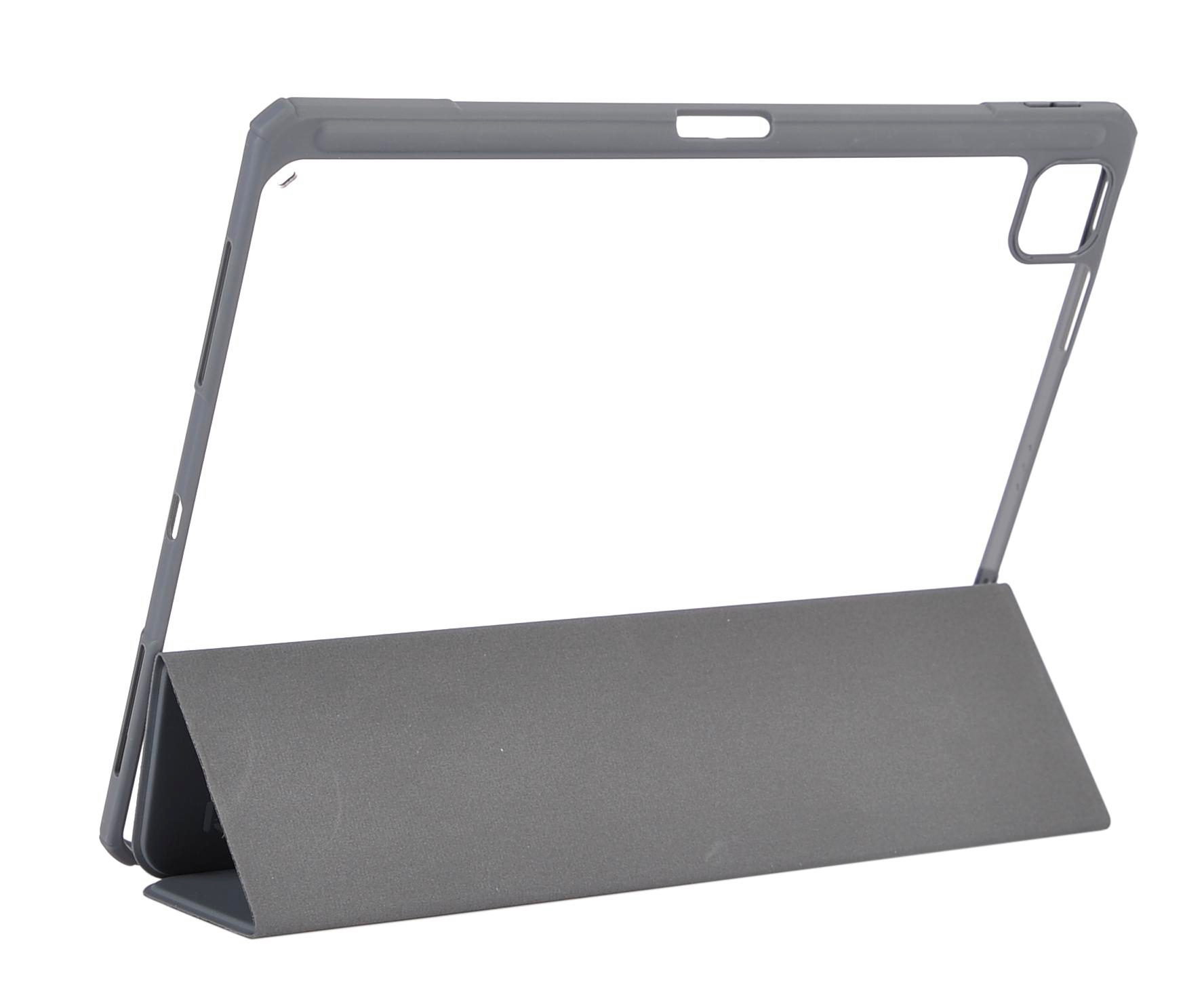 Eine graue Tablet-Hülle mit Ständer, geöffnet und angewinkelt.