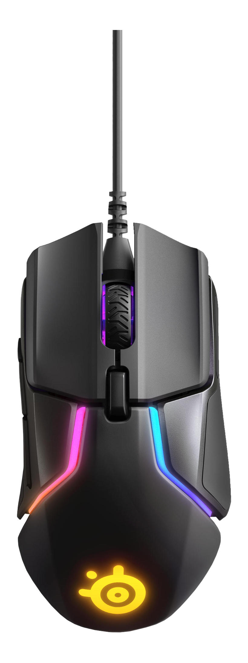 Schwarze Gaming-Maus mit farbigen Lichtern. SteelSeries-Logo unten.