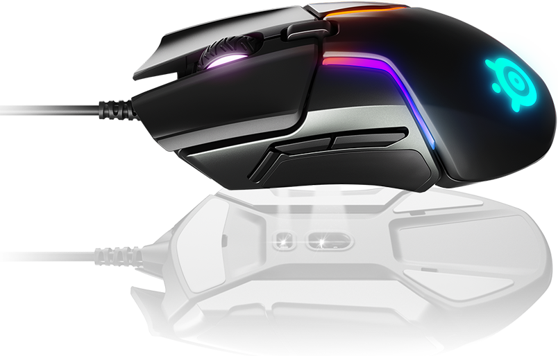 Eine Gaming-Maus wird mit Ober- und Unterseite gezeigt, wobei das Design hervorgehoben wird.