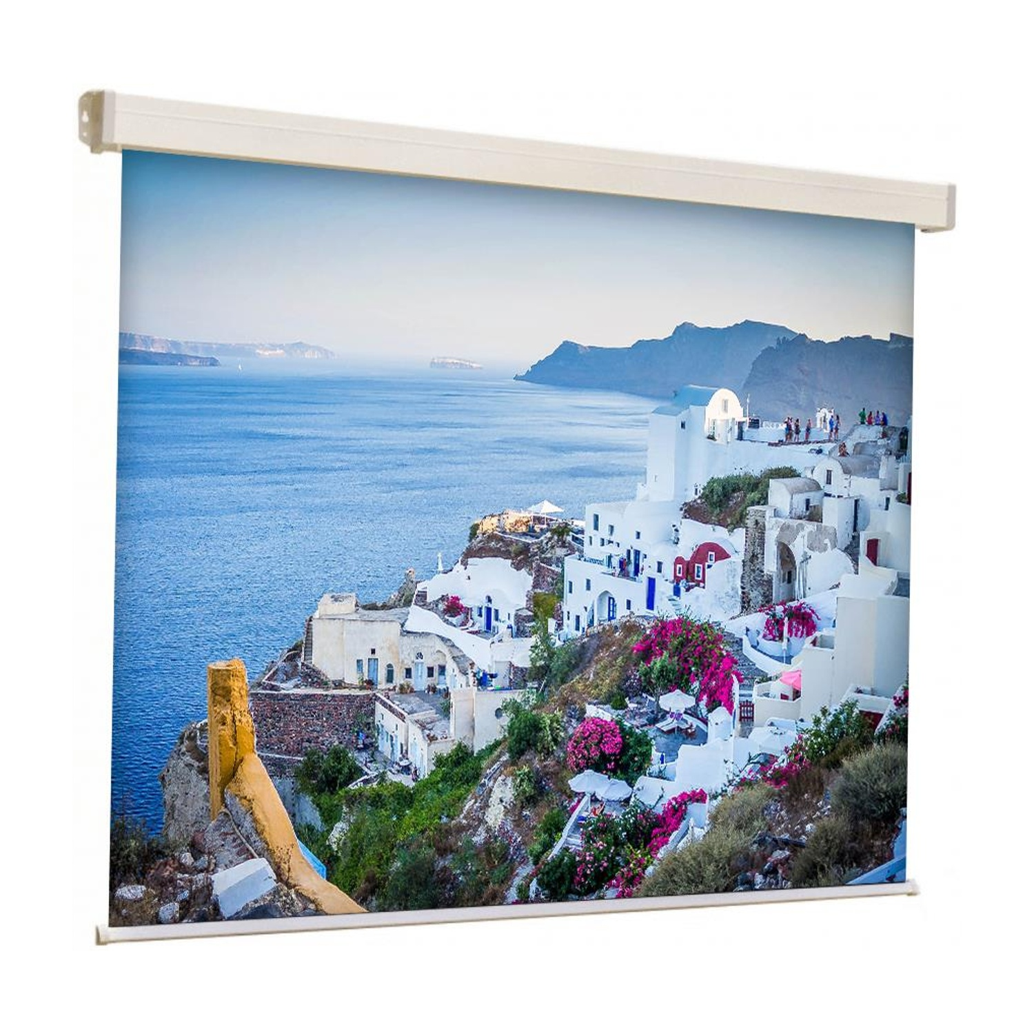 Uno schermo che mostra una città costiera. Il mare, il cielo blu, gli edifici bianchi e i fiori rosa.