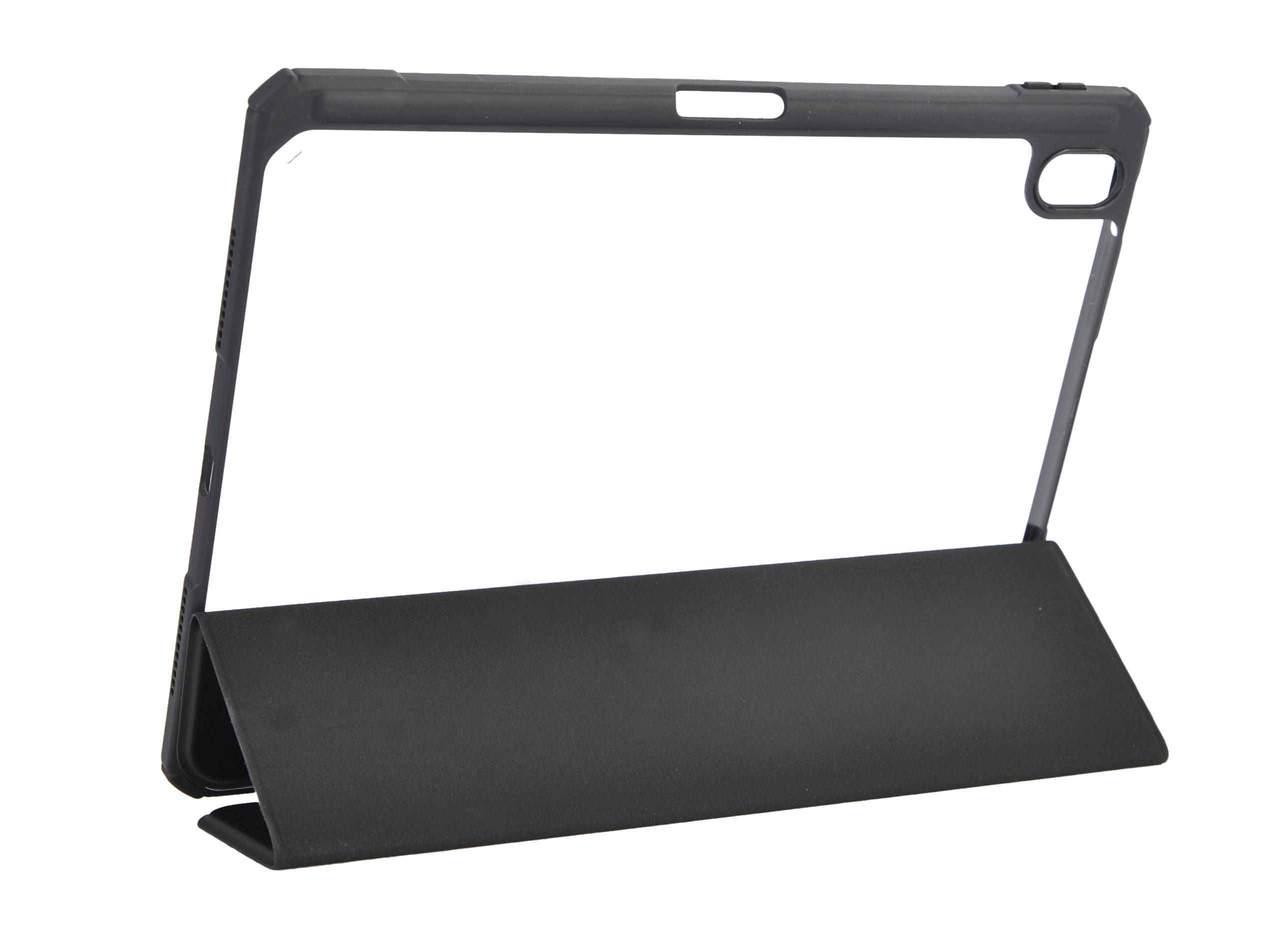 Schwarze Tablethülle mit klarem Rahmen und Faltcover, auf Weiß.