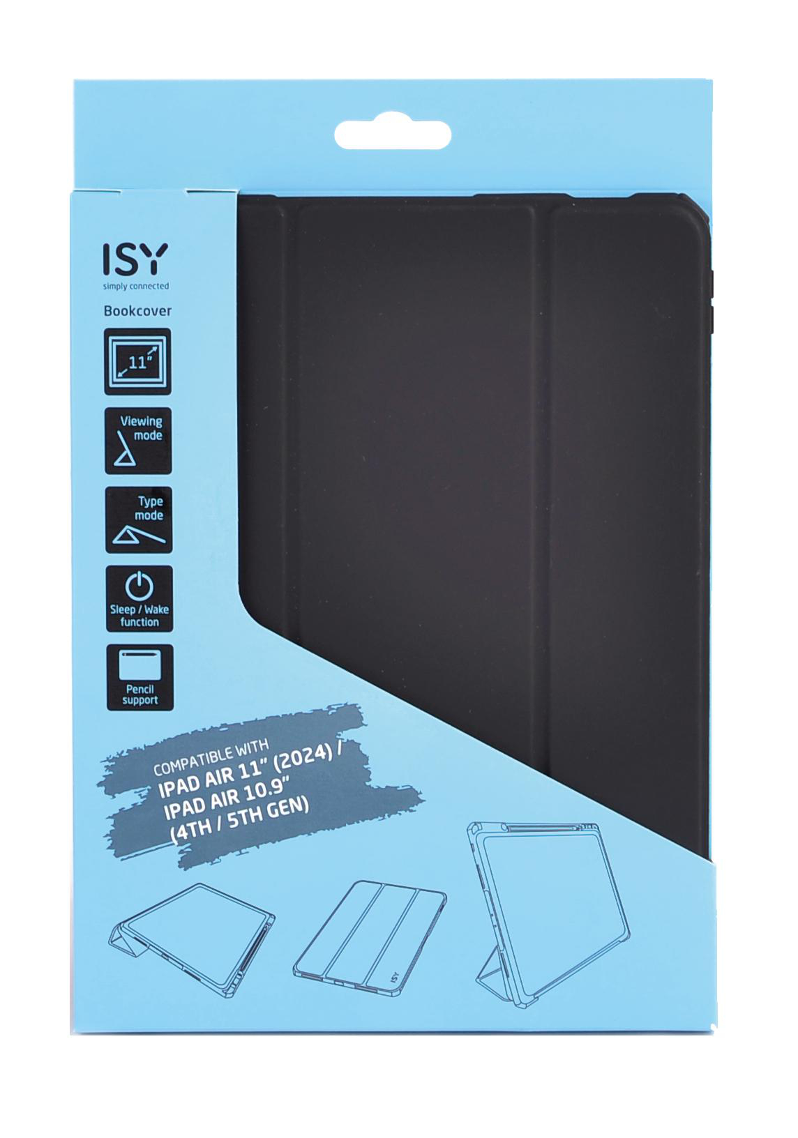 Schwarze iPad-Hülle mit schwarzem Cover auf weißem Hintergrund. Text und Symbole sind auf der Box sichtbar.