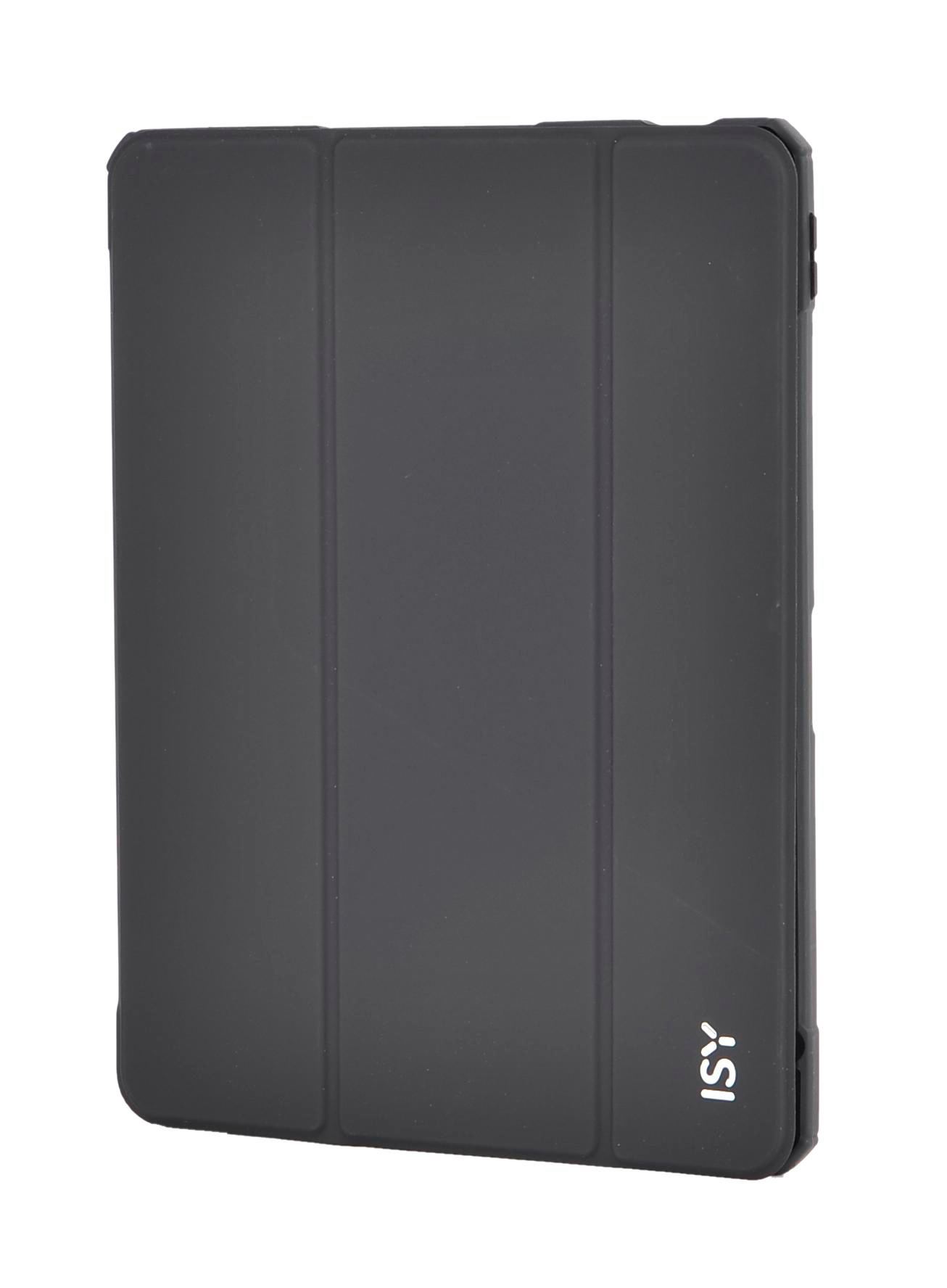 Schwarze Tablet-Hülle. Geschlossen, mit drei vertikalen Linien. Weißes 'isy'-Logo unten.