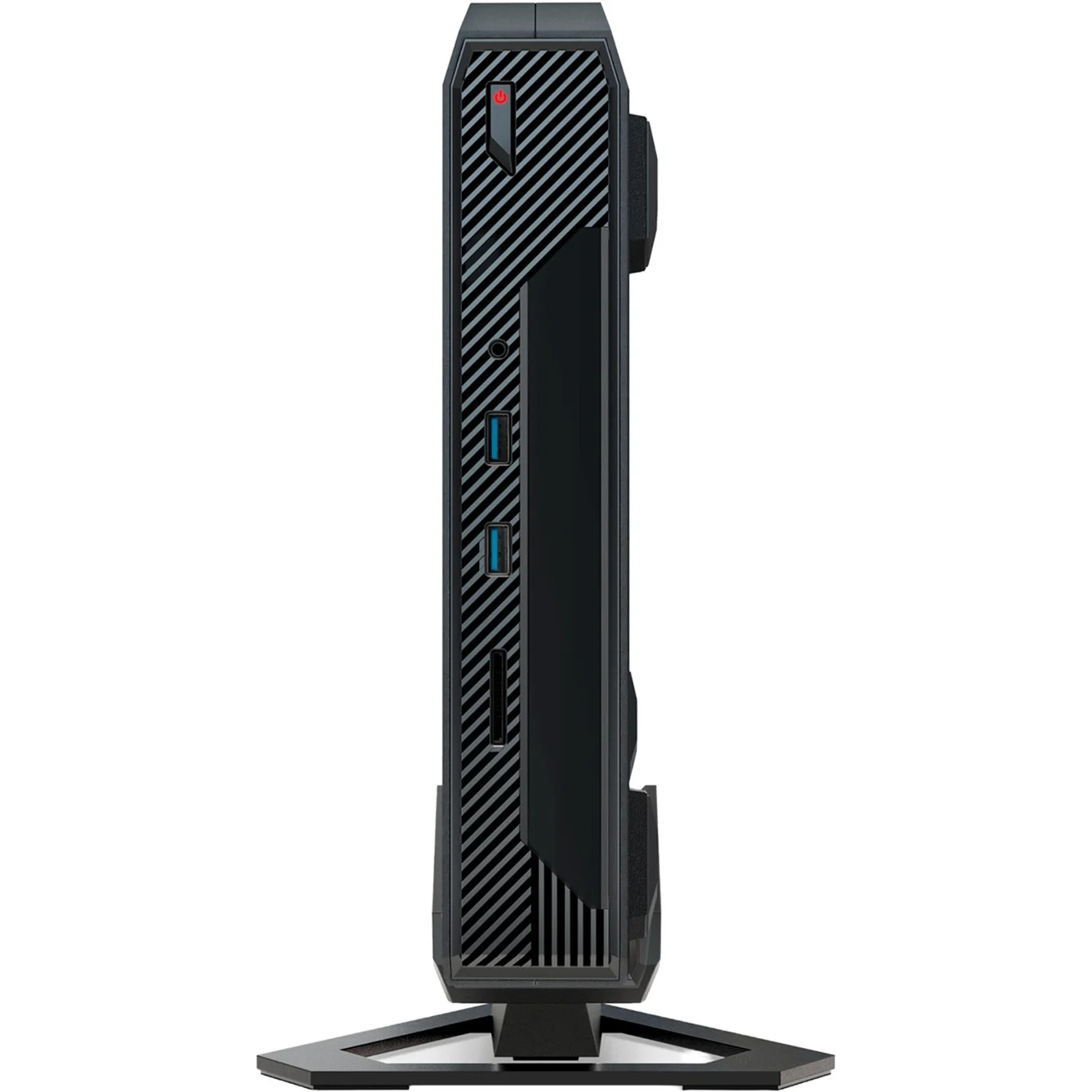 Schwarzer Computer-Tower steht aufrecht, mit rotem Knopf und Anschlüssen an der Seite.